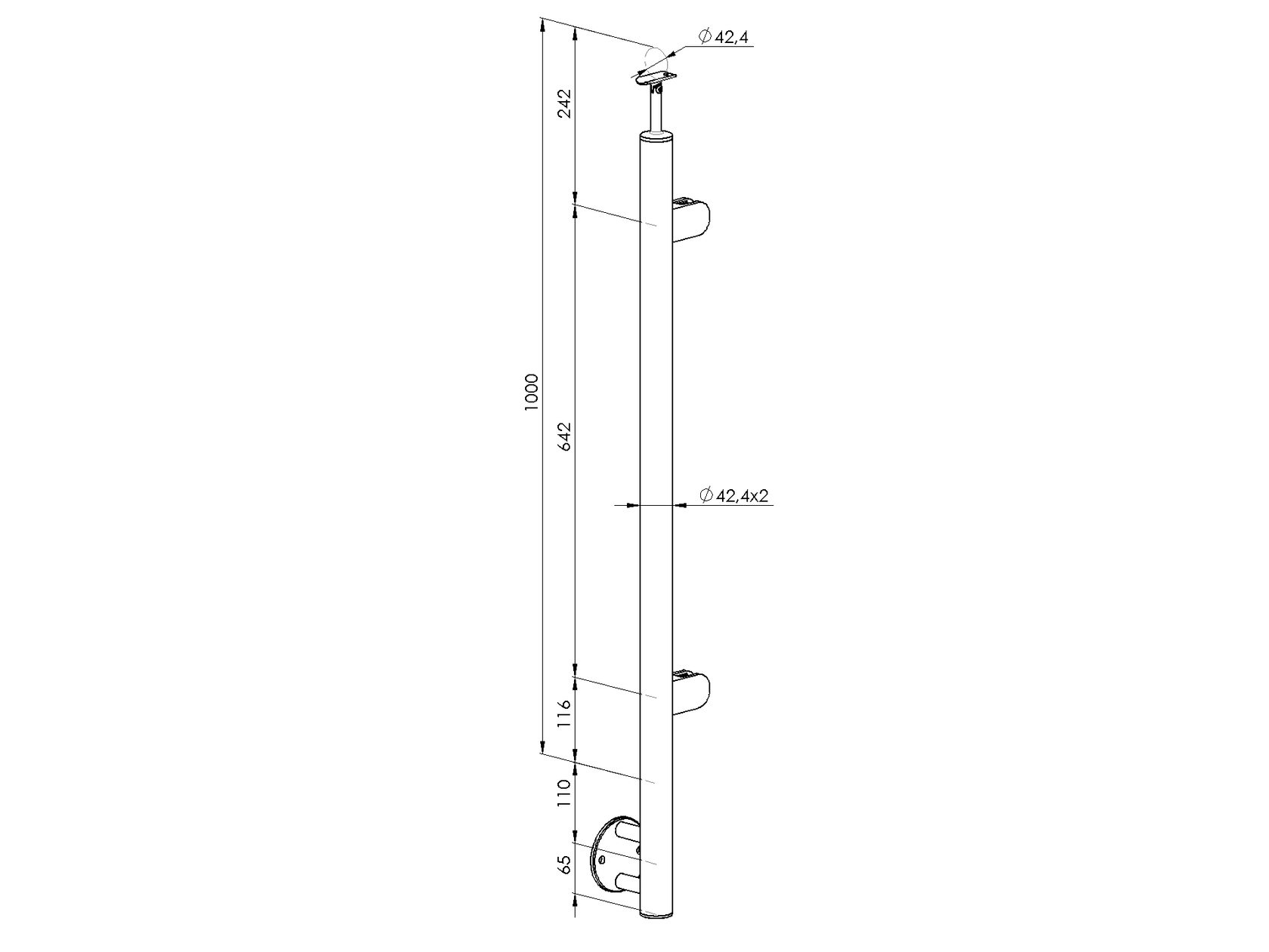 Stainless steel pole - straight, right + plate