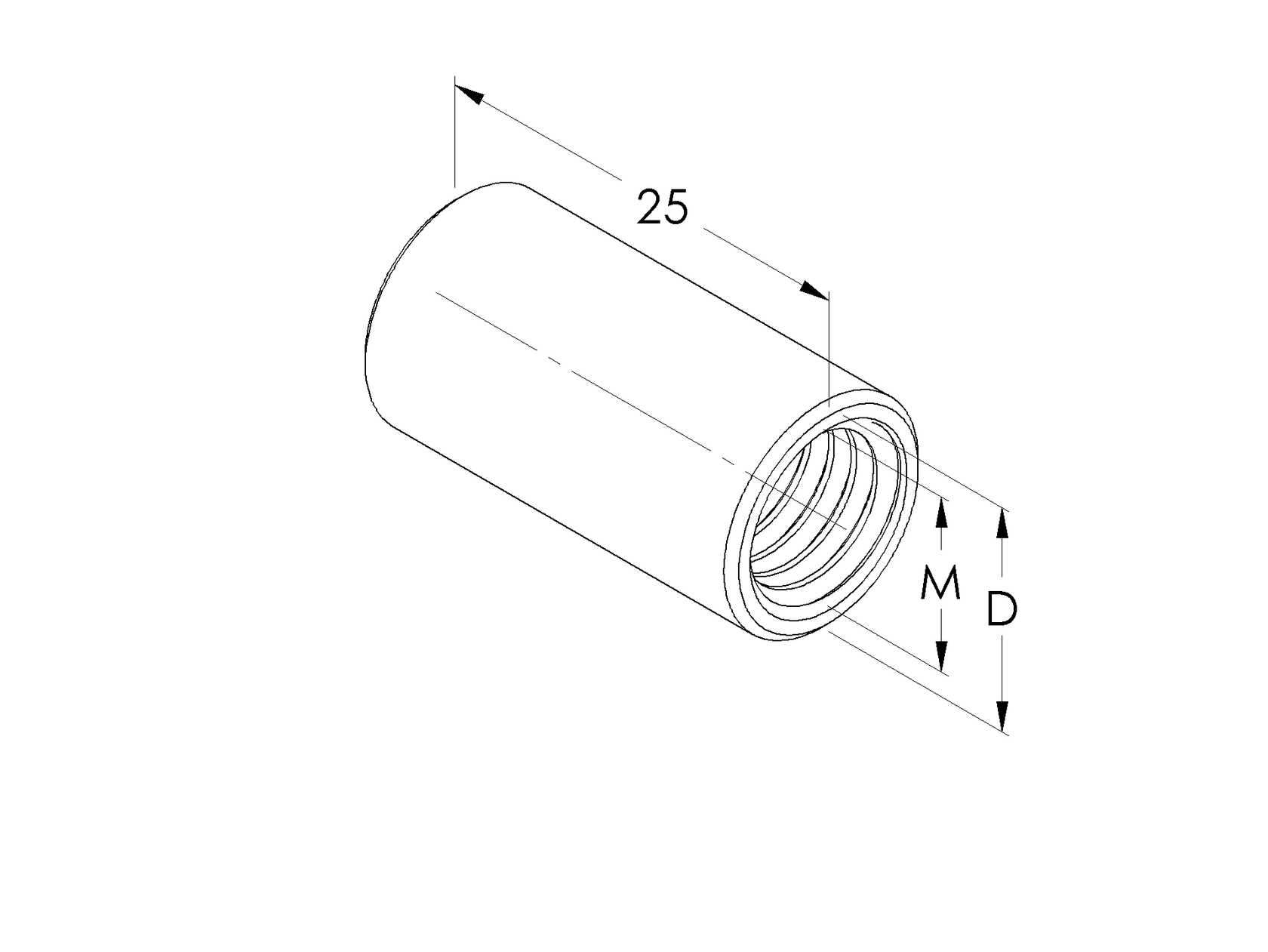 Round coupling nuts, full length thread, AISI304, M10x25