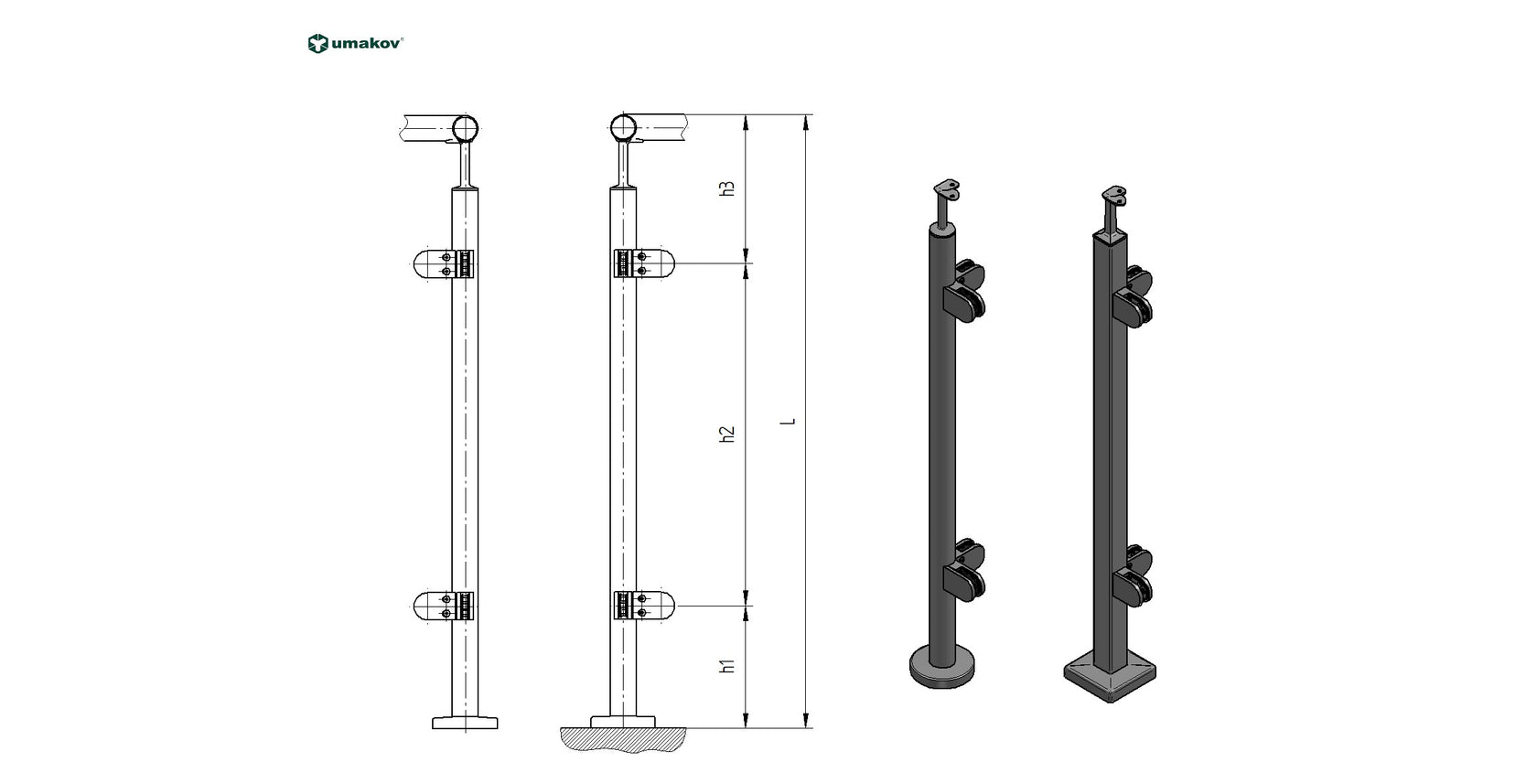 Stainless steel pole, upper anchoring, straight AI