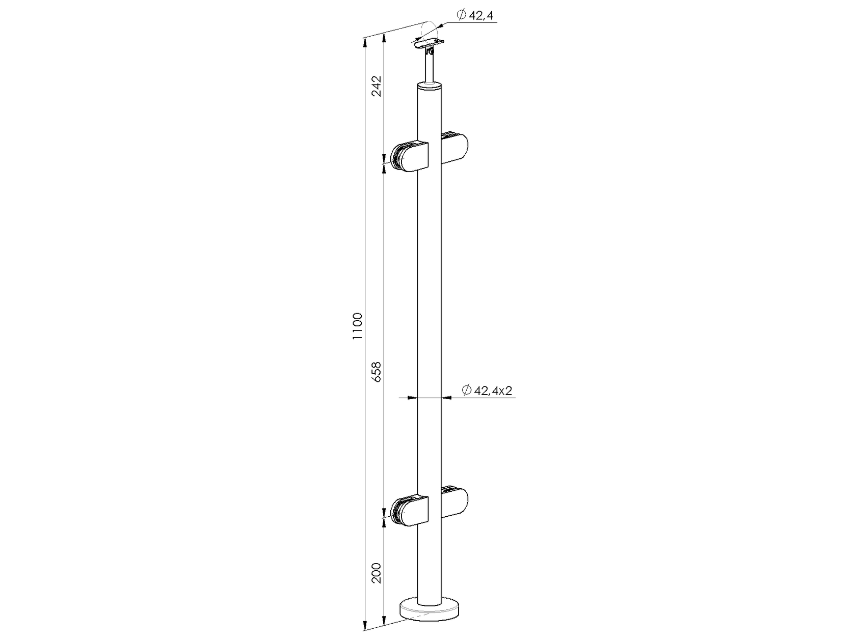 Baluster post inox AISI304, D42,4x2/4xmodel22/H110