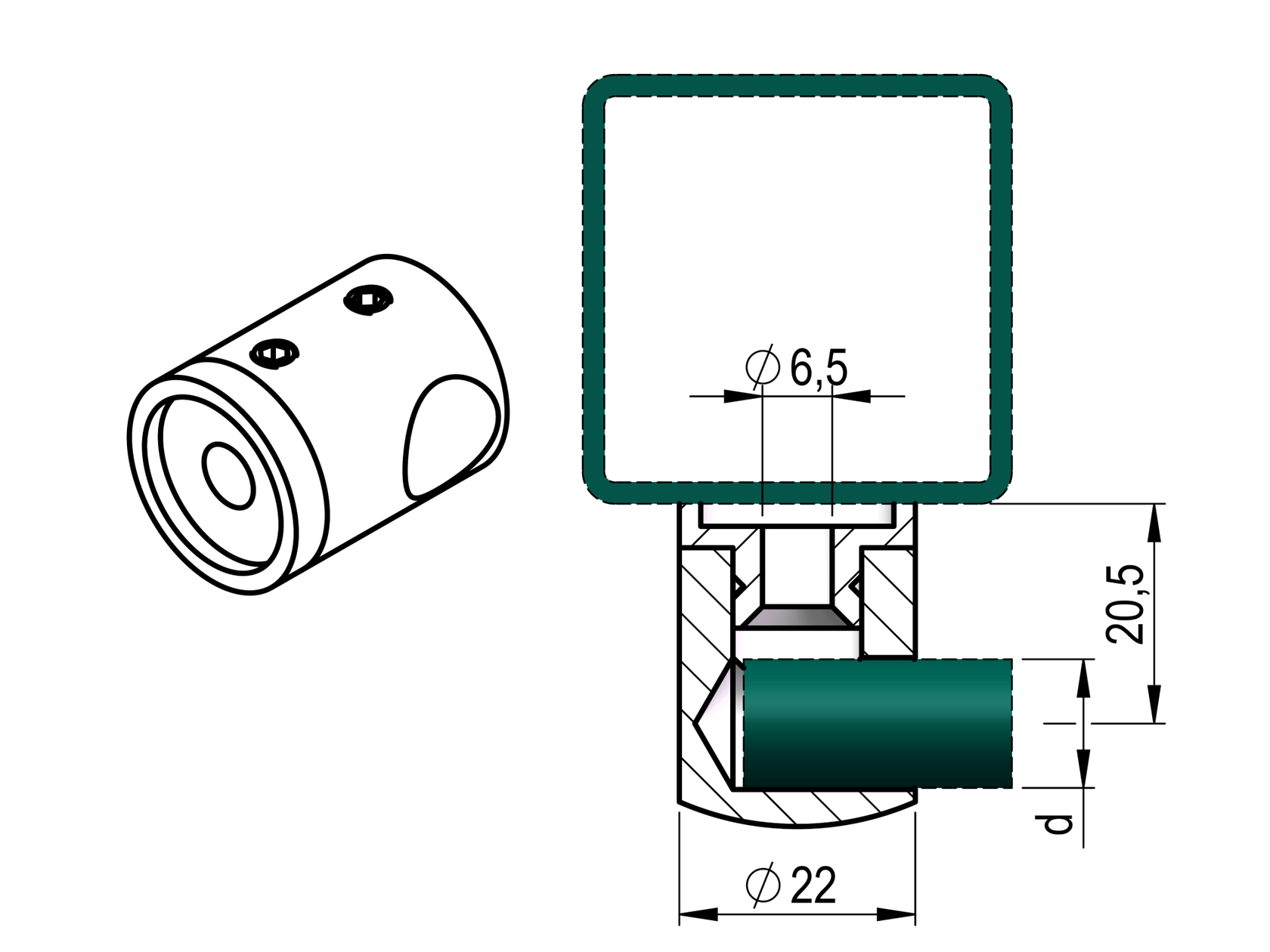 Crossbar holder right AISI316, d12/40x40x2mm