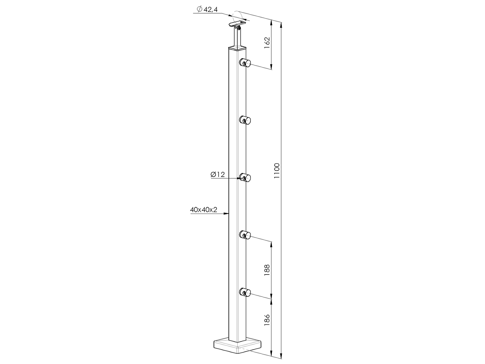 Inox pole, VK-stairs AISI304, 40x40x2/5xd12/H1000m