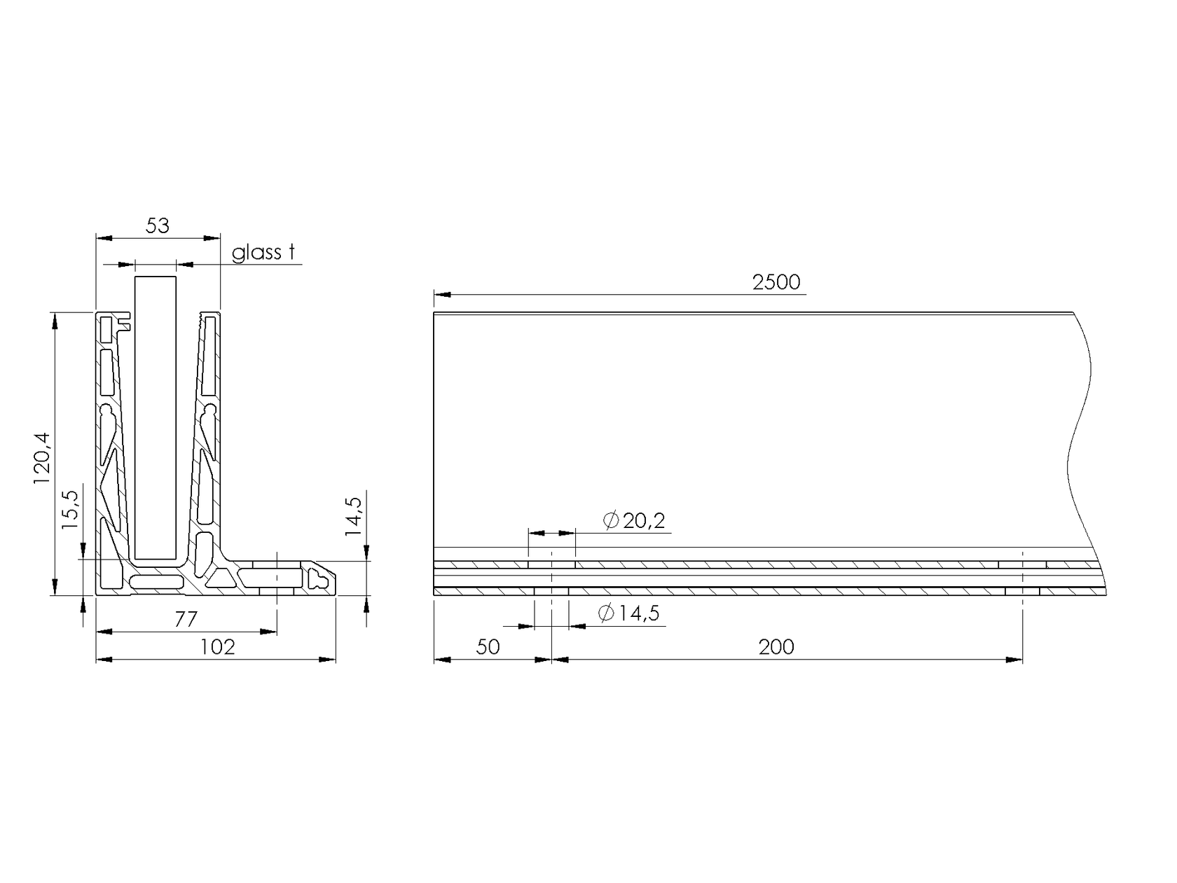 Aluminium profile for glass railing