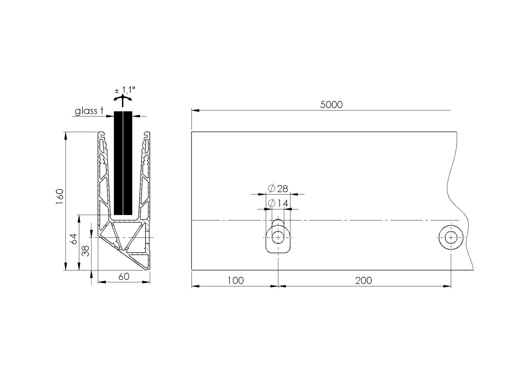 Aluminium profile for glass railing -side mounting