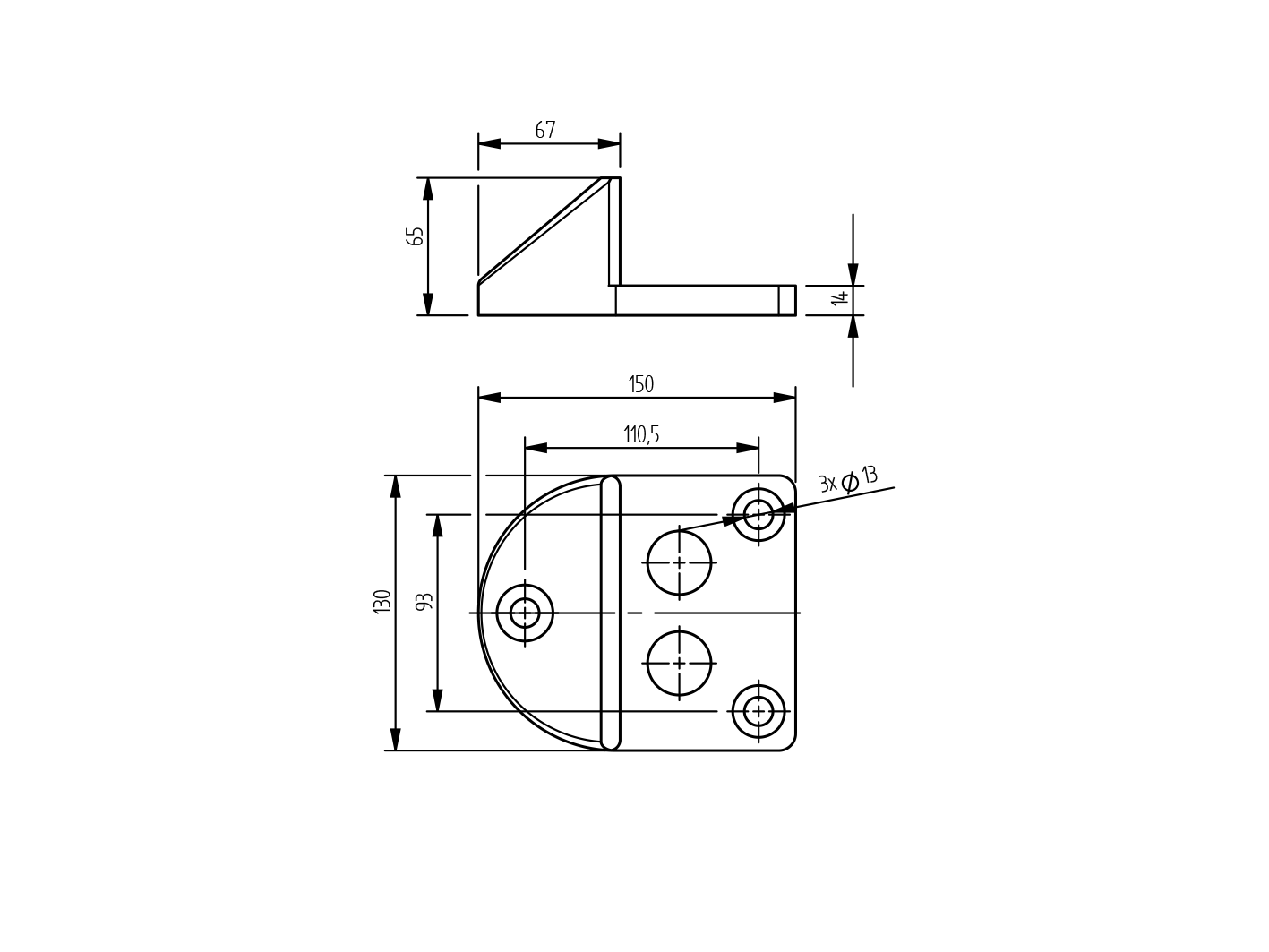 Stop center fixed-rubber+steel base, 150x130x65mm