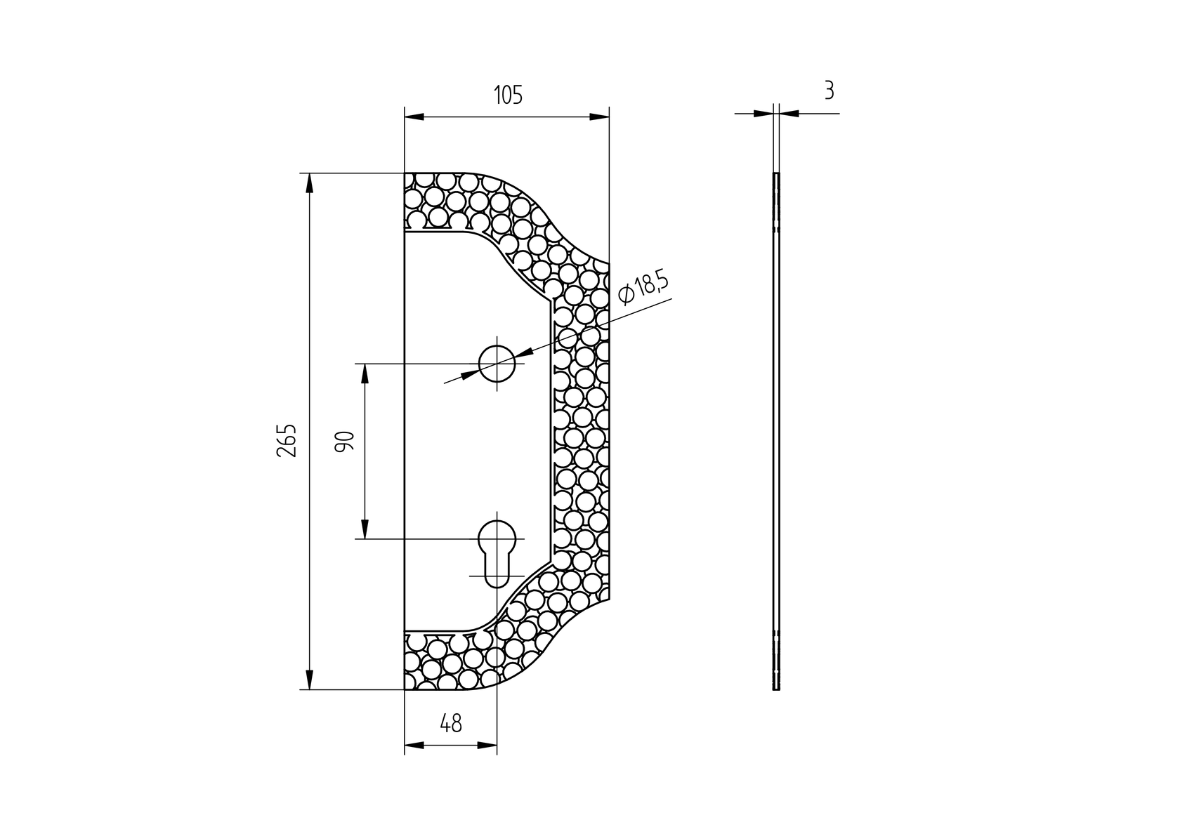 Decorative plate for gates 265x105, t3, a90, d19mm