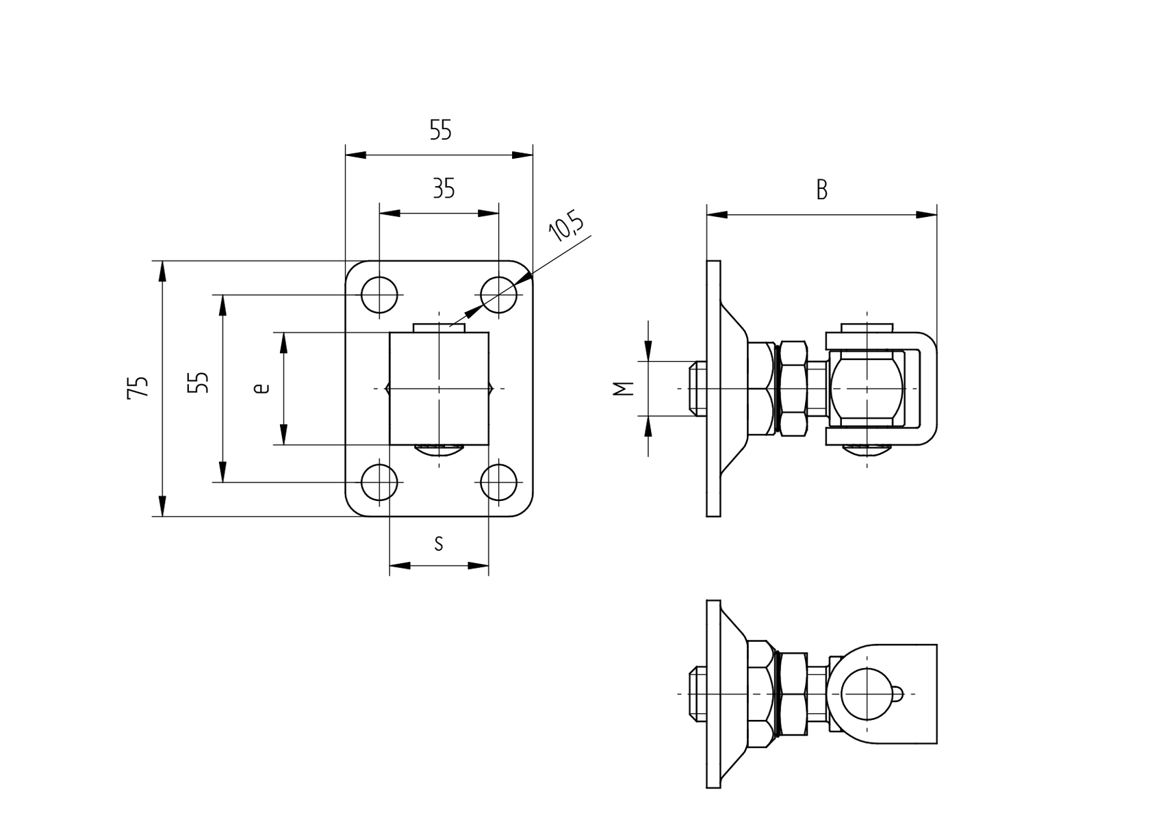 Adjustable hinge with anchoring flange M12, 55x75