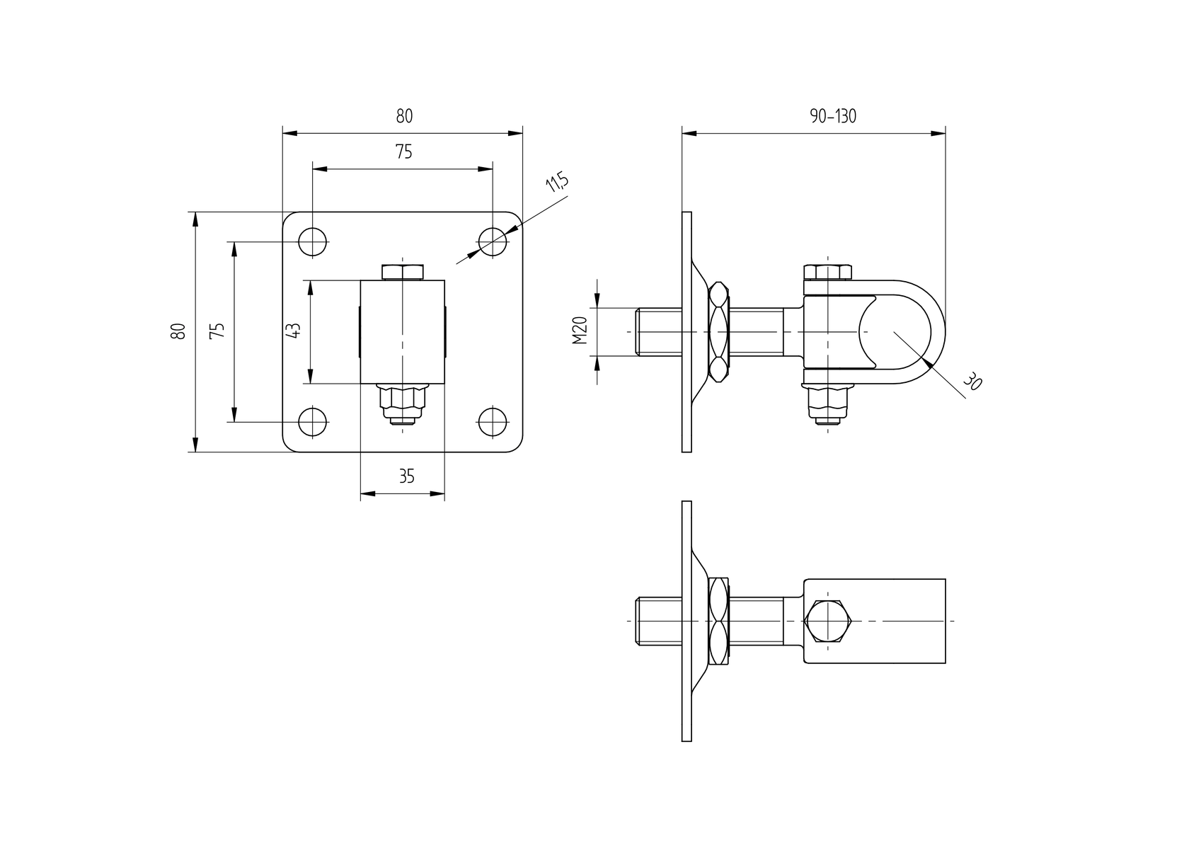 Adjustable hinge with anchor flange M20-Zn, 80