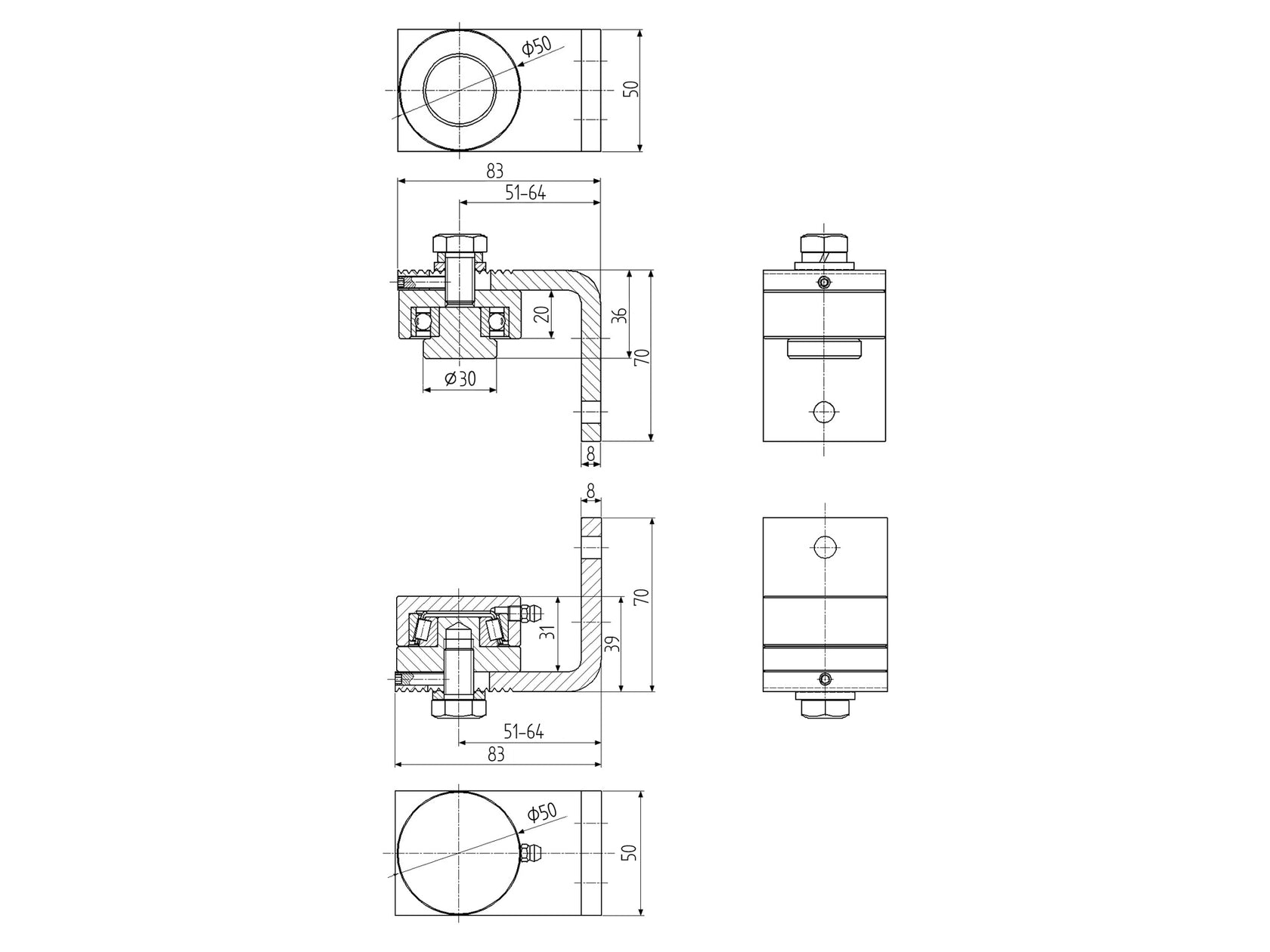 Hinge for heavy gates (top+bottom), D50