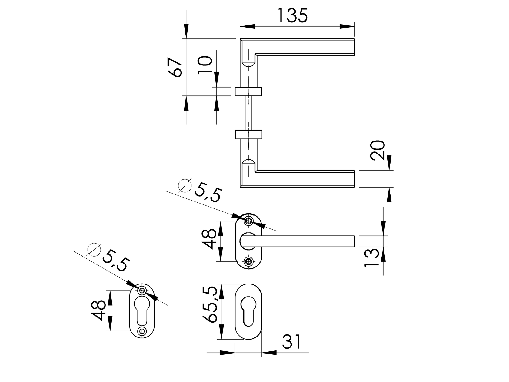 Door handle with plate, pair AISI 304, K320