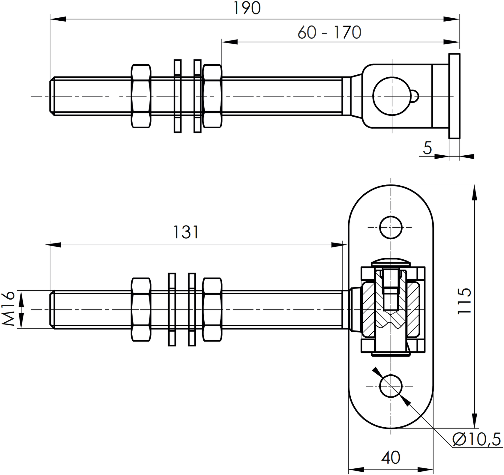 Hinge, adjustable long with anchoring flange INOX, M16