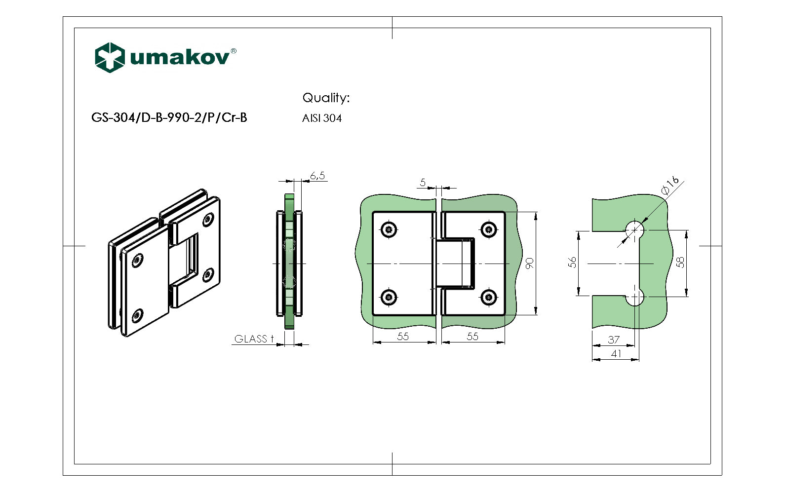 Hinge for glass door AISI304