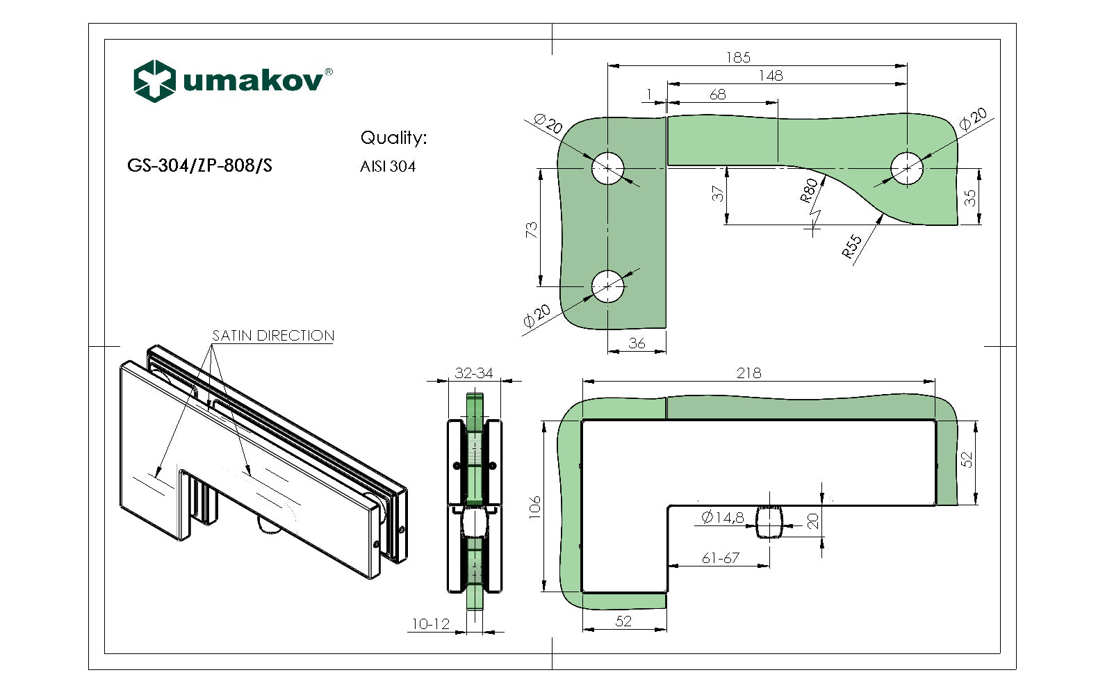 Side/overpanel corner pivot patch fitting AISI 304