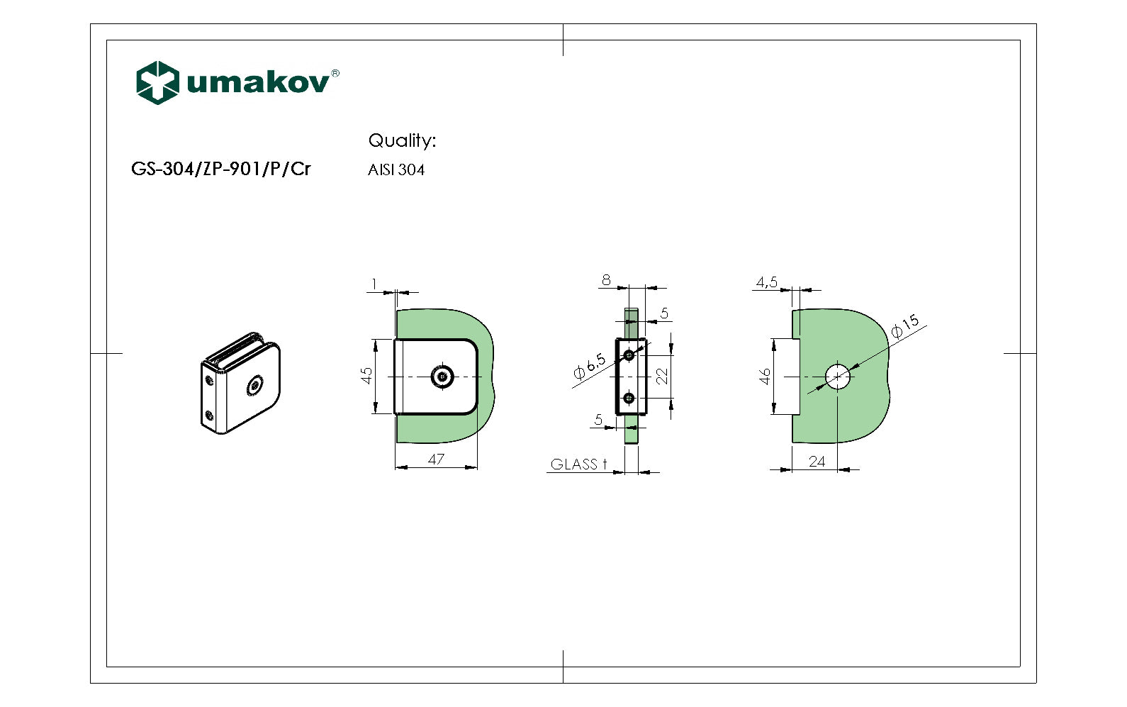 Glass clamp, T 8-10 mm