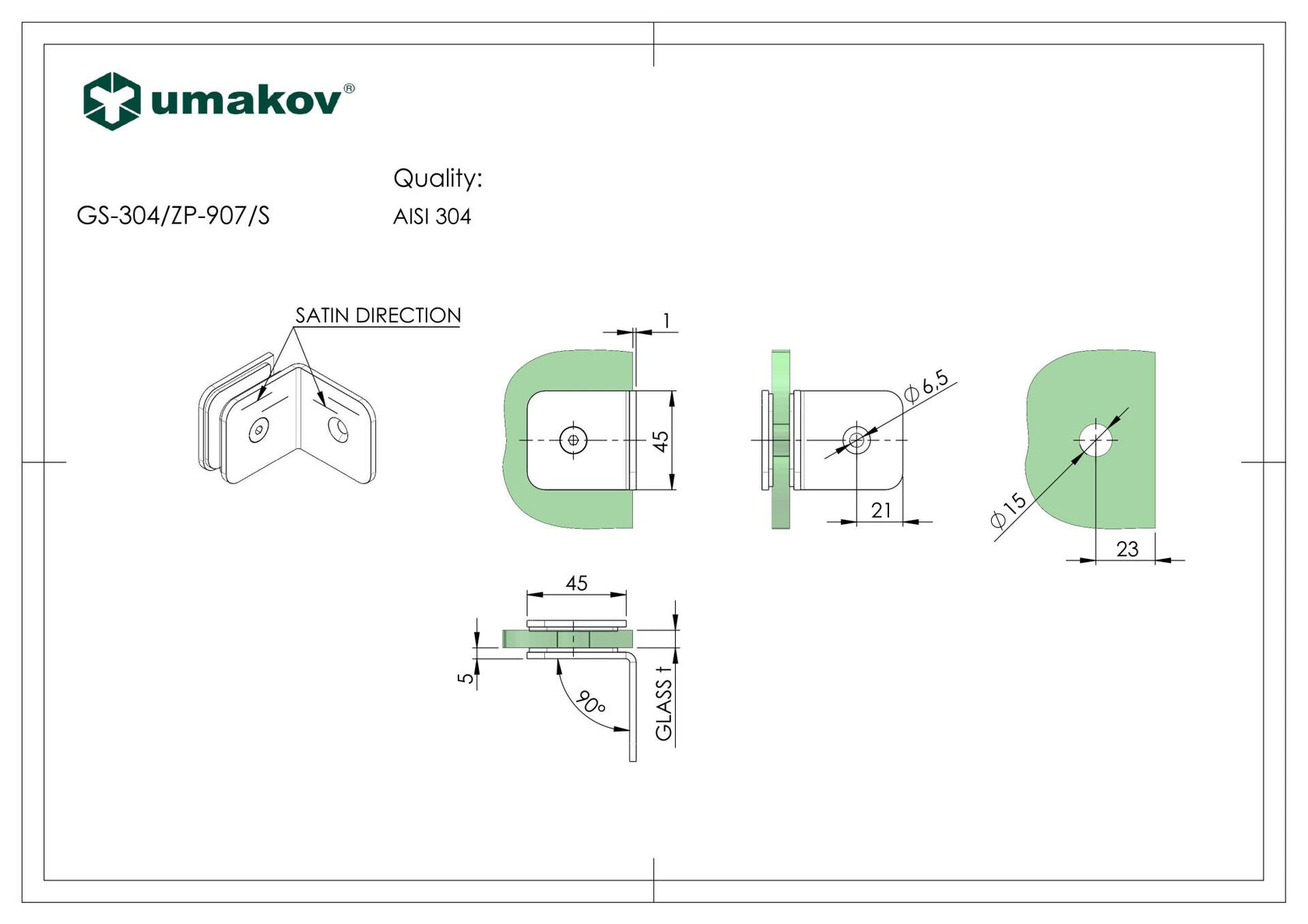 Glass clamp, AISI 304, T 8-10 mm