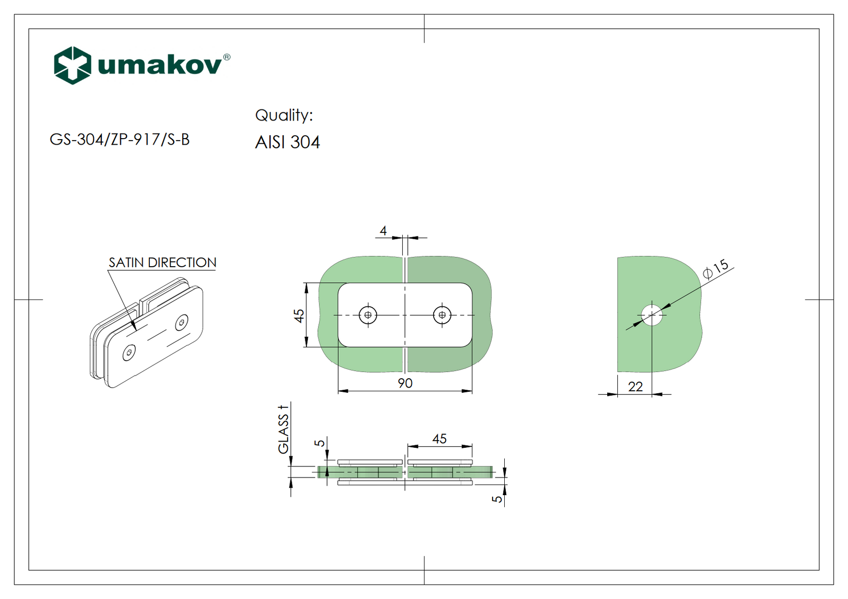 Glass clamp, AISI 304, T 8-10 mm