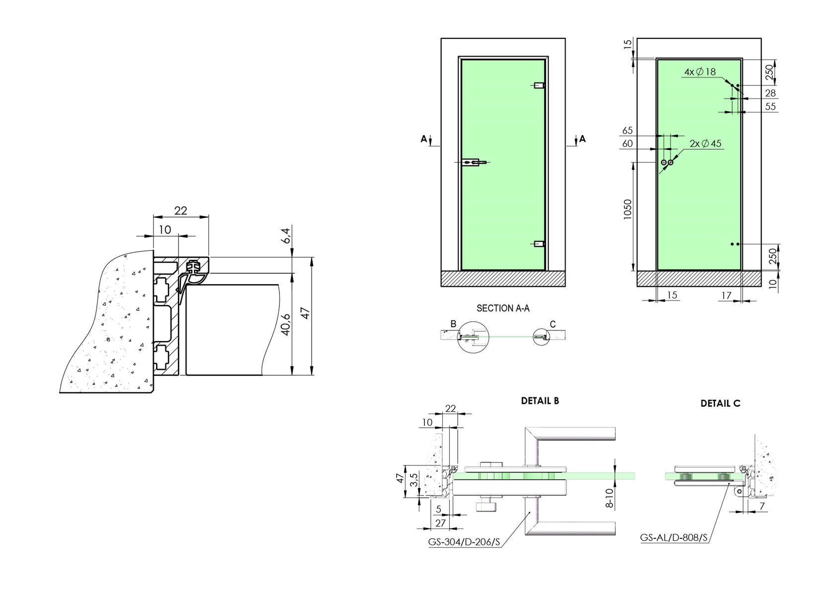 Door frame profile for glass door "L"