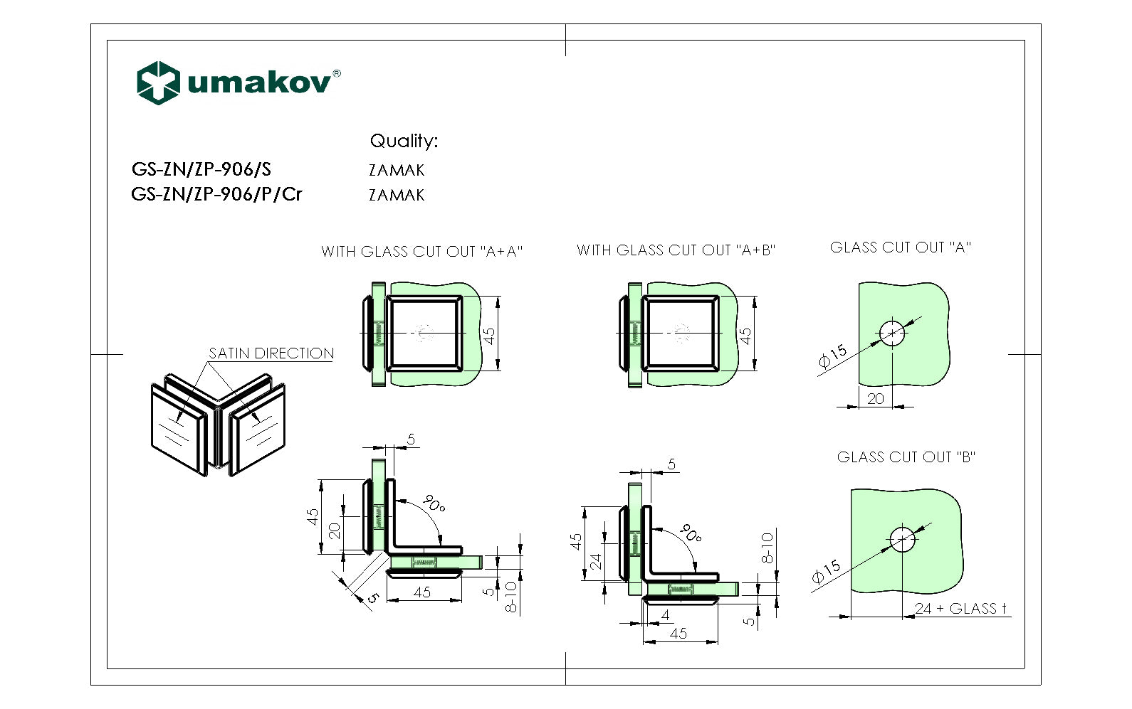 Glass clamp, Zamak, 90°, T 8-10 mm