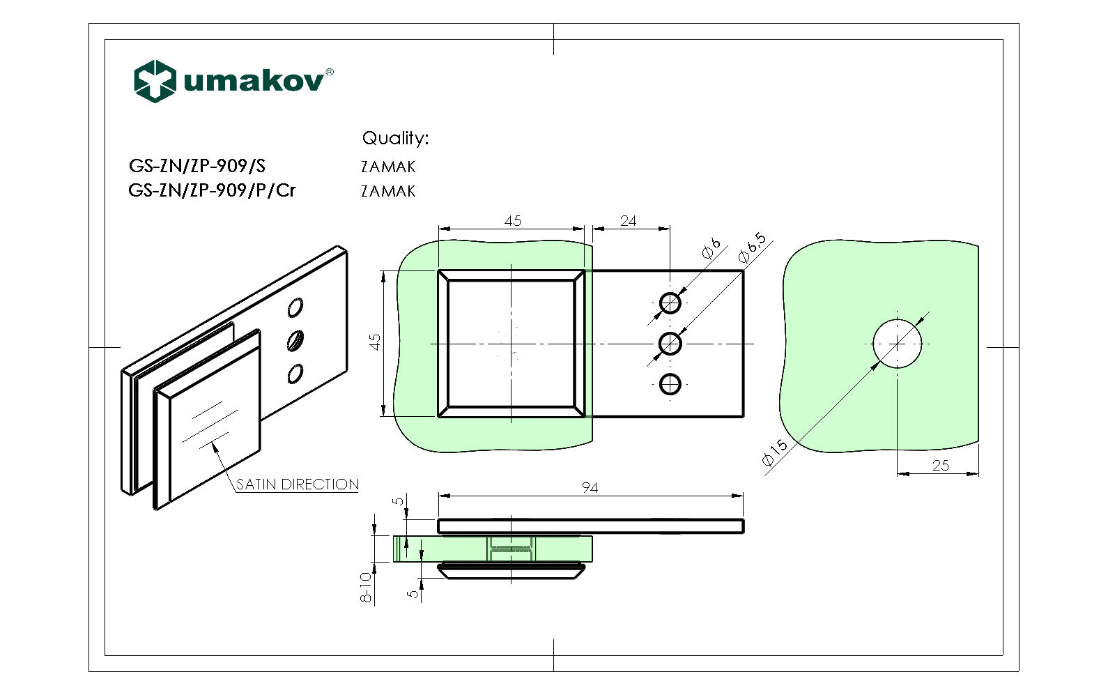 Glass clamp, Zamak, T 8-10 mm