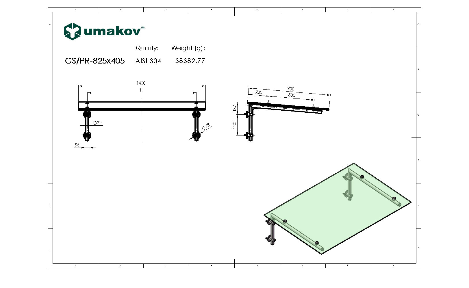 Stailness canopy without glass 825x405mm +5°