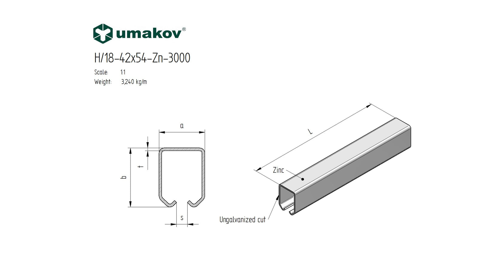 Suspension guiding profile Zn, 42x54x2,5mm, L3m