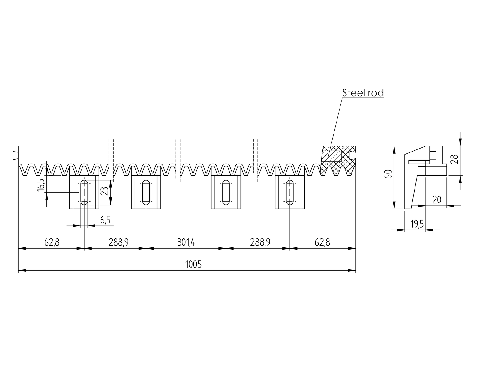 Lightweight gear rack,max 300kg PVC+Fe core, L 1+1m