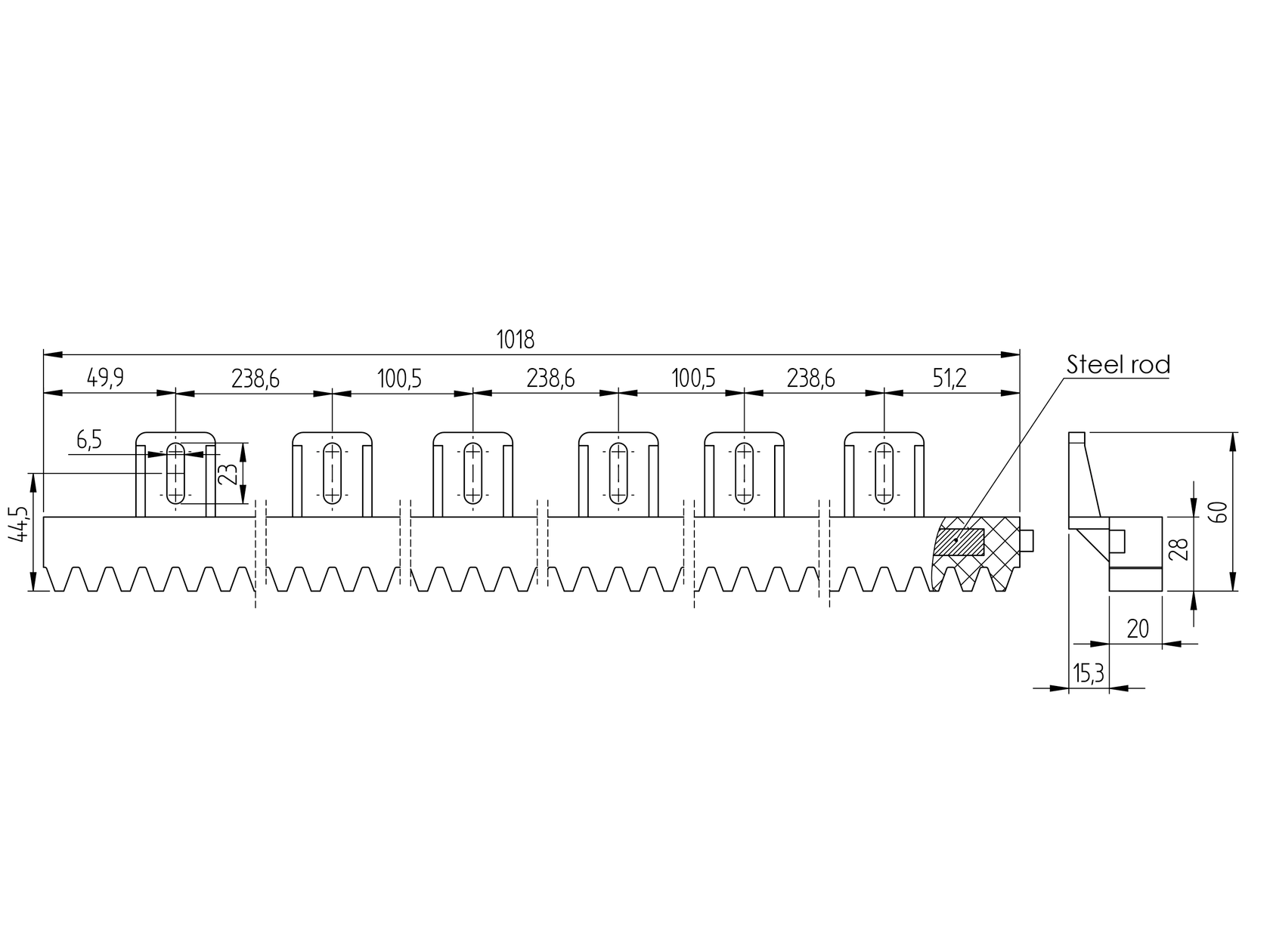 Rack PVC+Fe,27x18mm,L1m,max 700kg