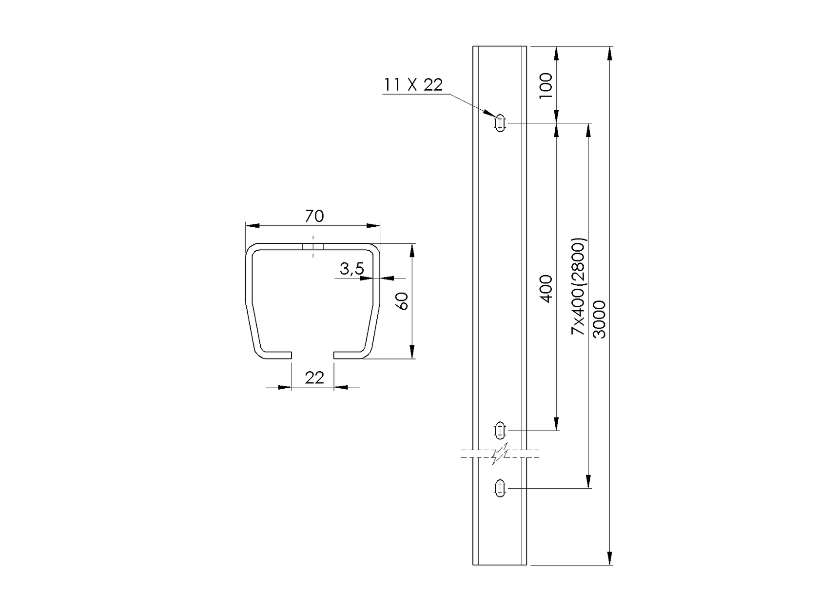 Guide profile with holes Zn, 70x60x3.5mm, L3m