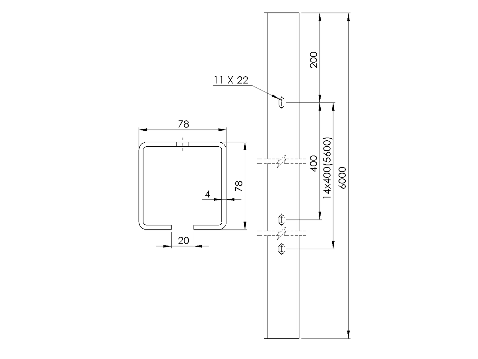 Guide profile with holes Zn, 78x78x4mm, L6m
