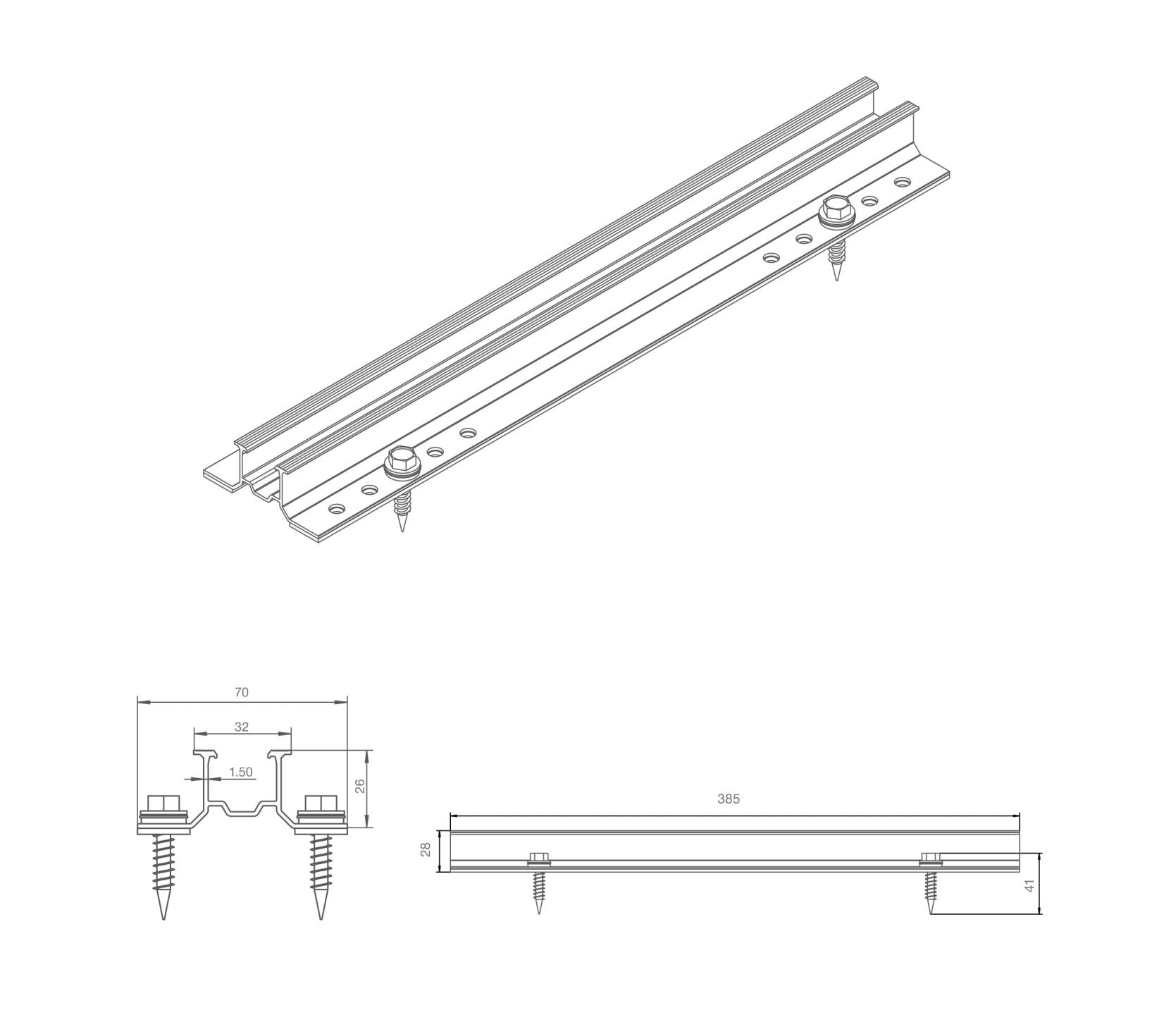 26mm mini rail L385mm for trapezoid. sheet metal
