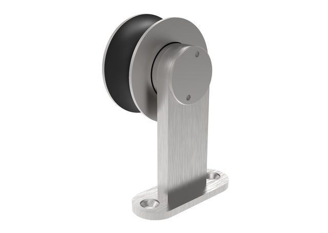 A wheel attached to a pole, used for wooden doors.