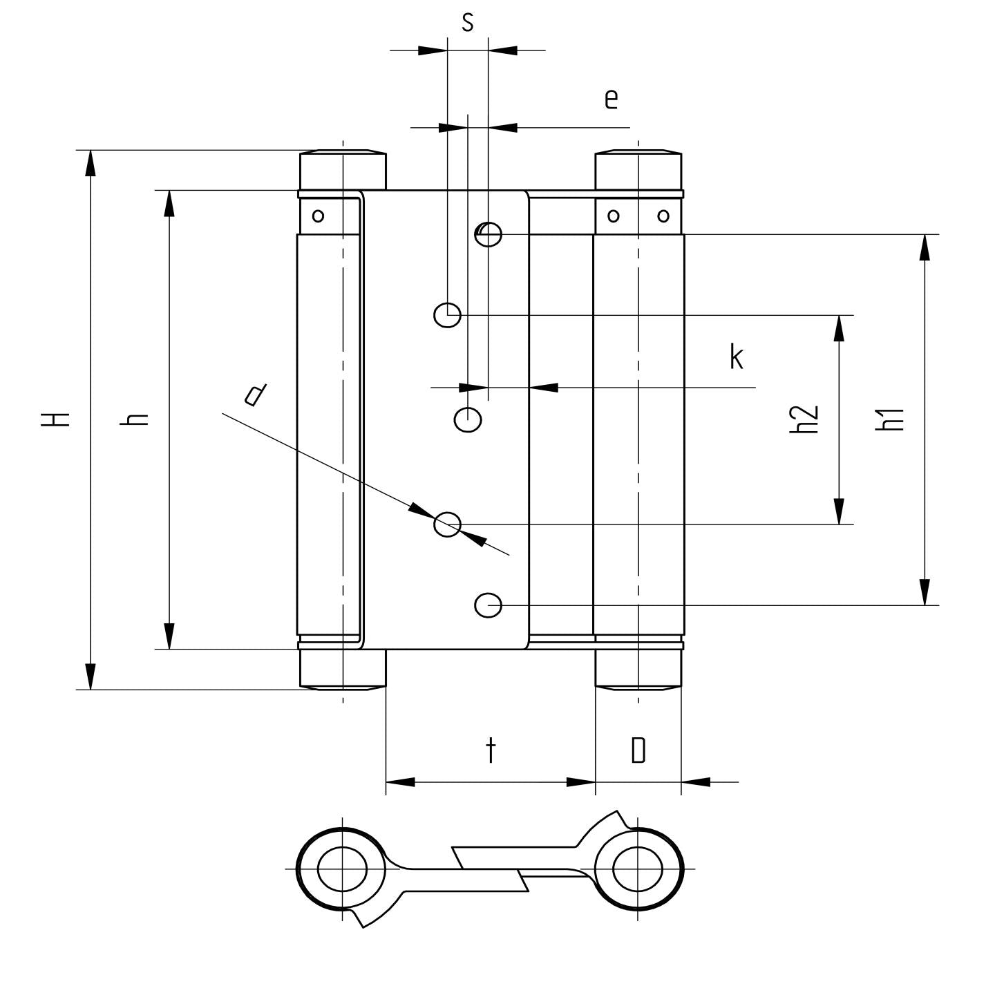 Spring hinge doublesided Fe, L=125mm