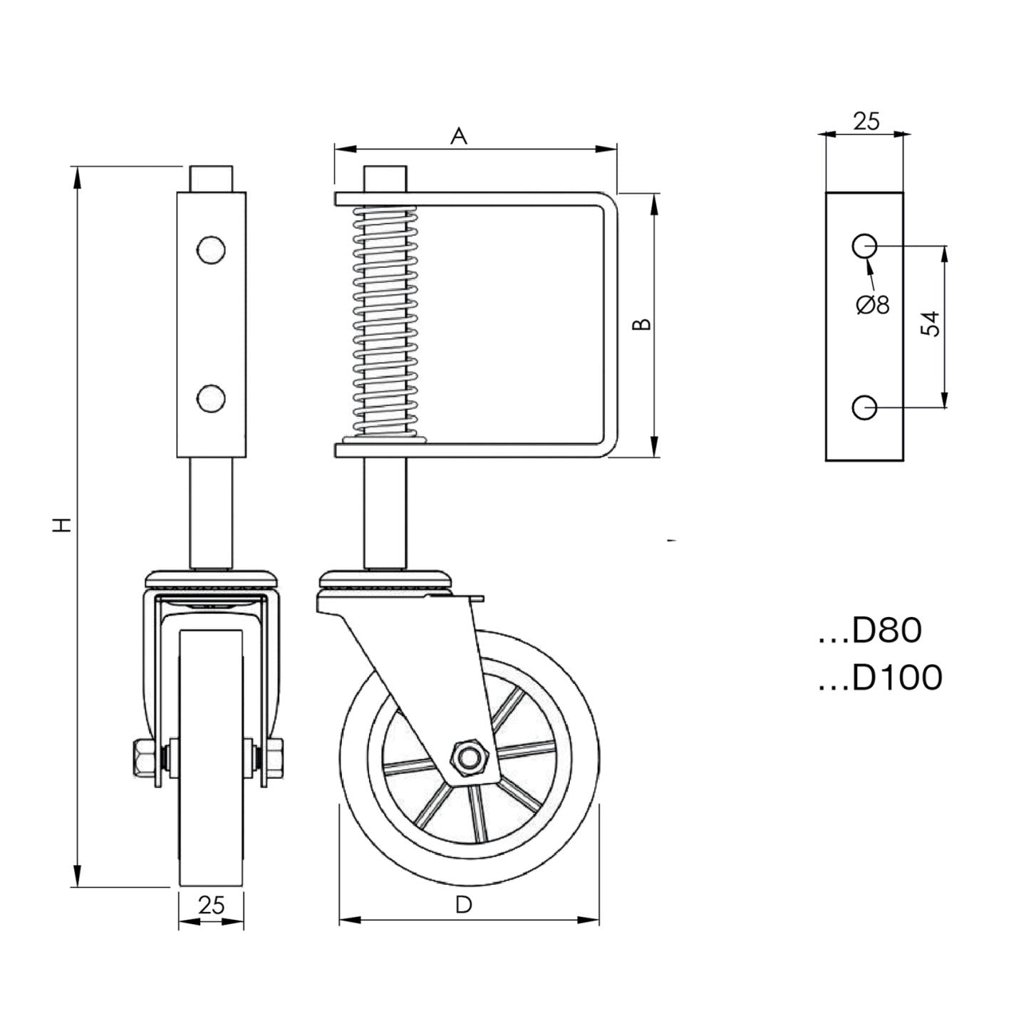 Bottom wheel for swing gates, with spring