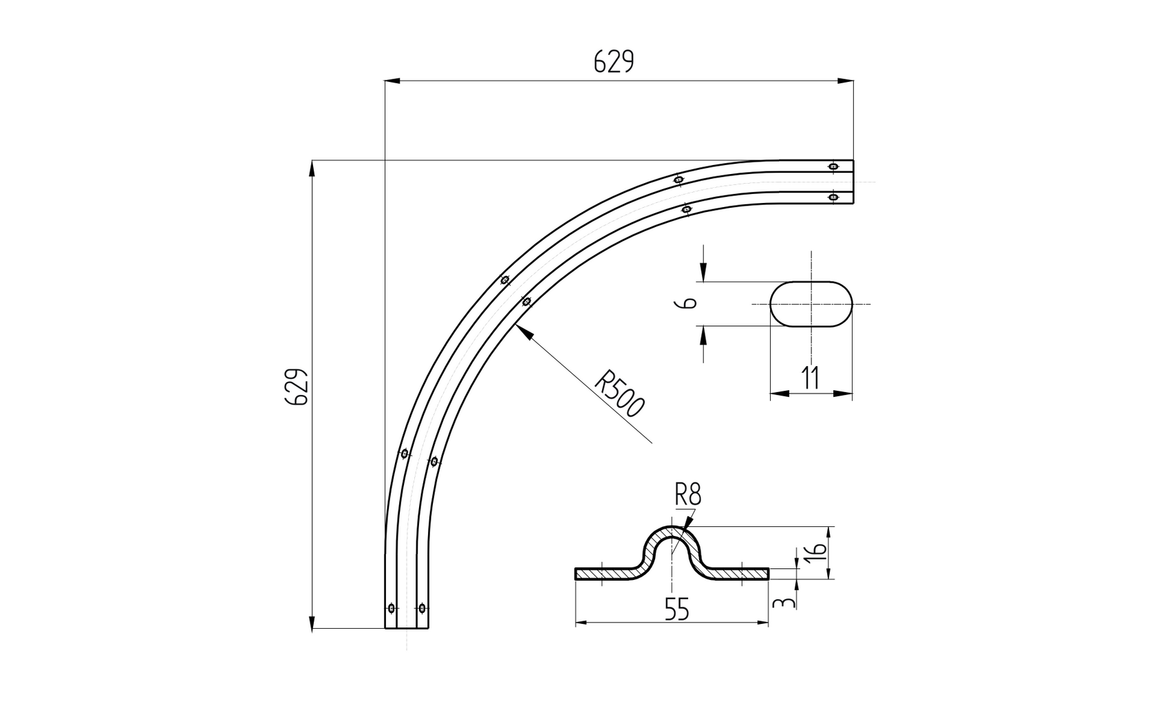 Bottom guiding rail - U profile, curved 90 degrees
