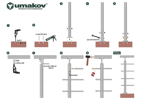 Railing JP, VR STAIRS AISI304, 40x40x2/4xd12/H900/
