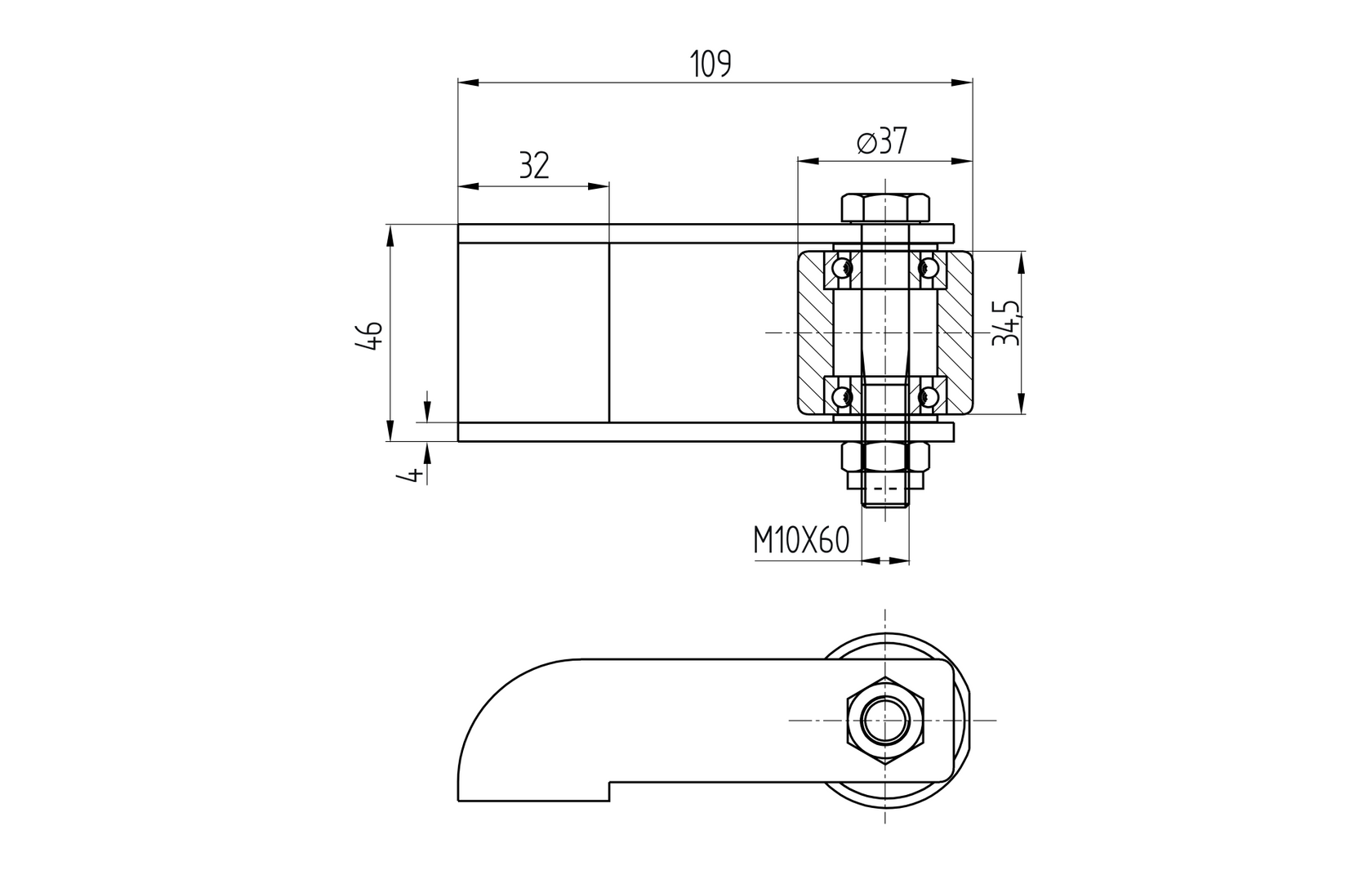 Hinge for curved sliding gate for welding, with bearing