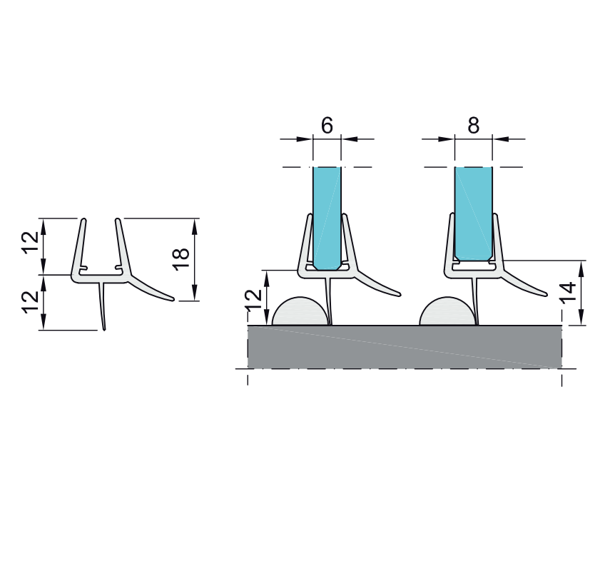 Floor "h" seal strip for glass door