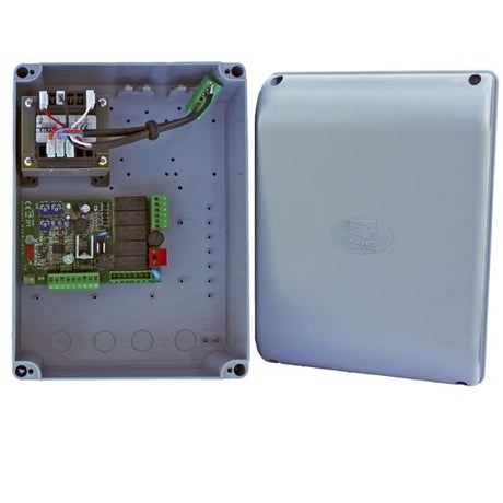 Electronics cabinet for double-leaf gate