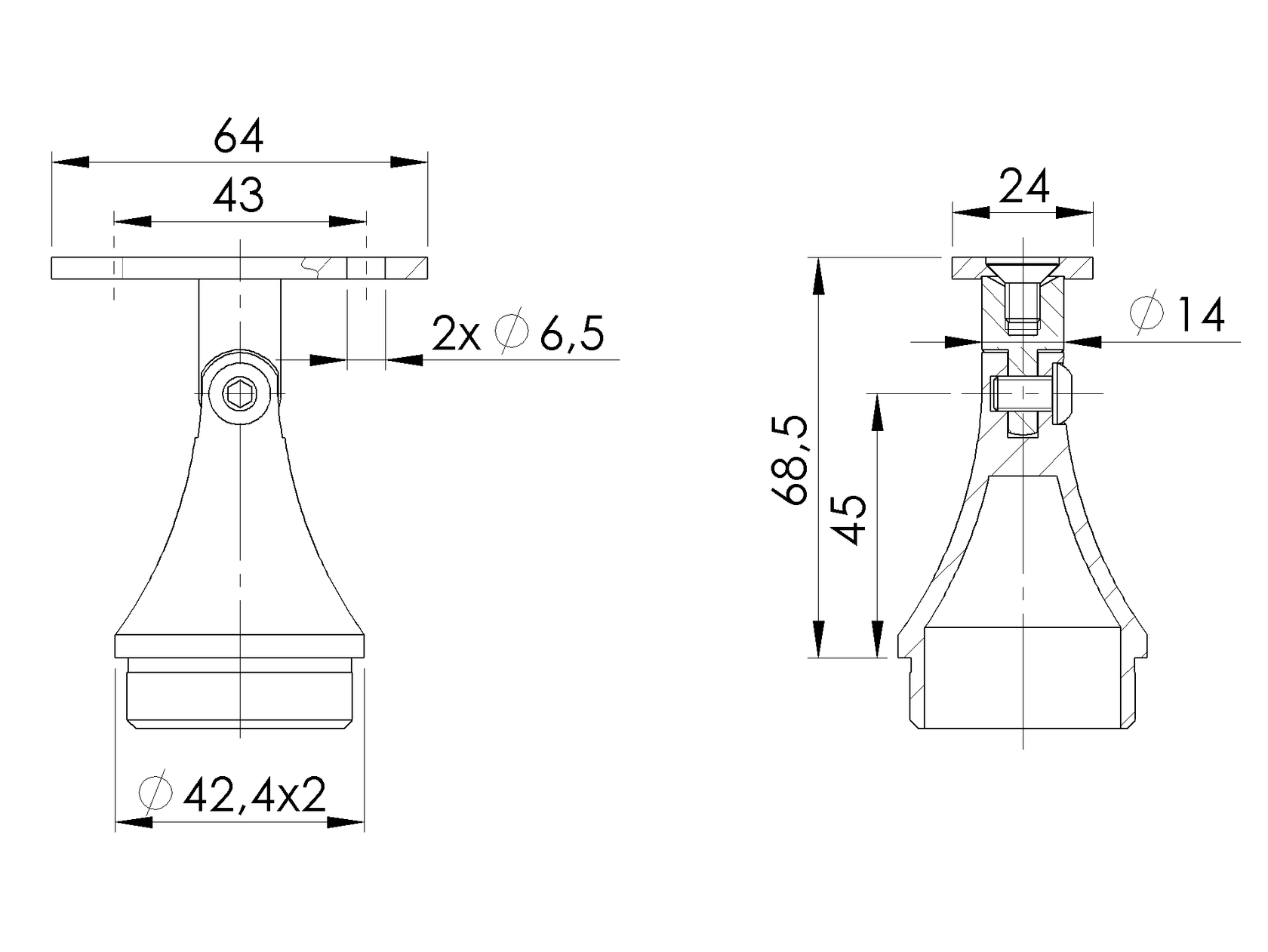 Handrail bracket AISI304, 40x40x2/d42,4x2/H67mm
