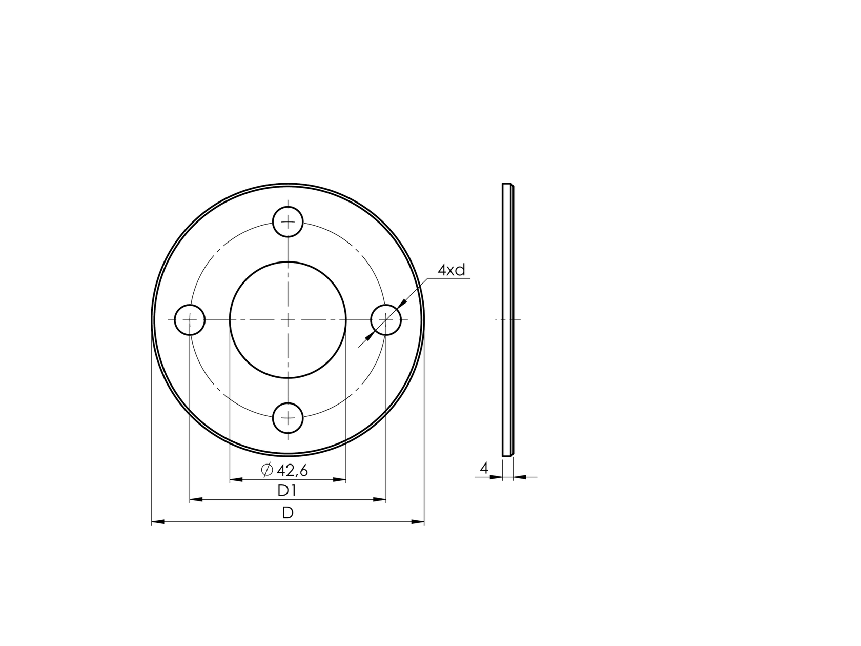Welding blind plate AISI304, D100/42,4mm, 4xd11, t