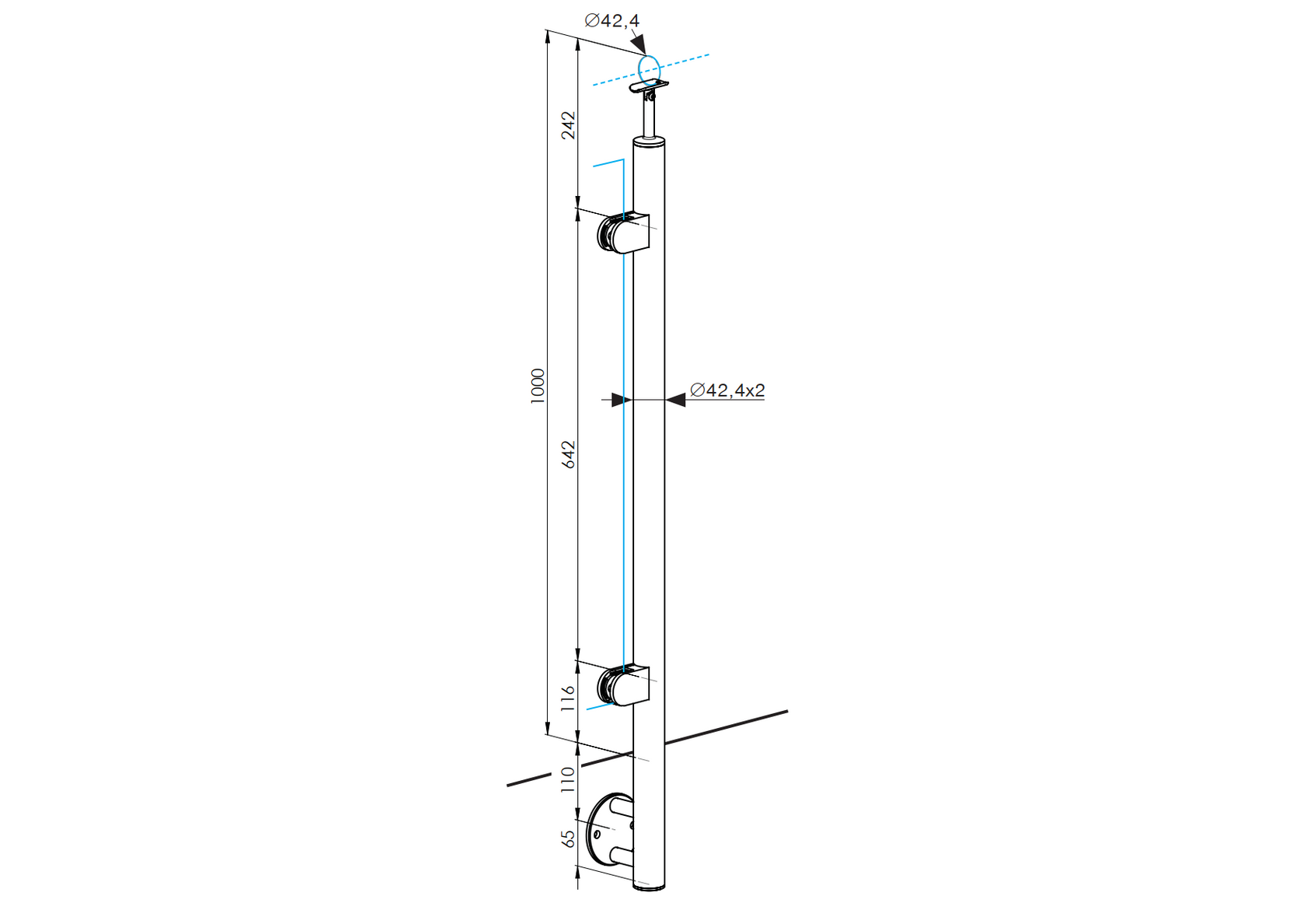 Inox pole - side anchoring, straight - left + plat