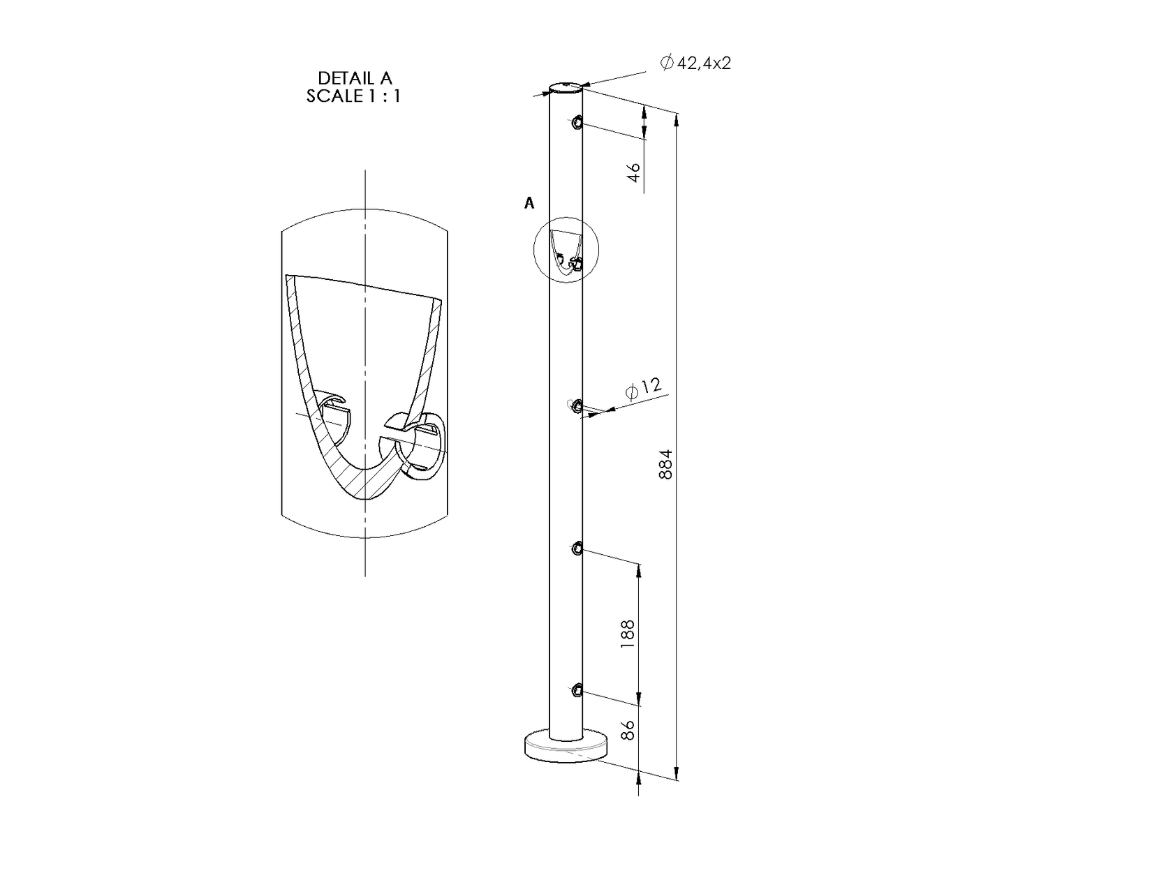 Stainless steel Baluster post + A12/12-PVC