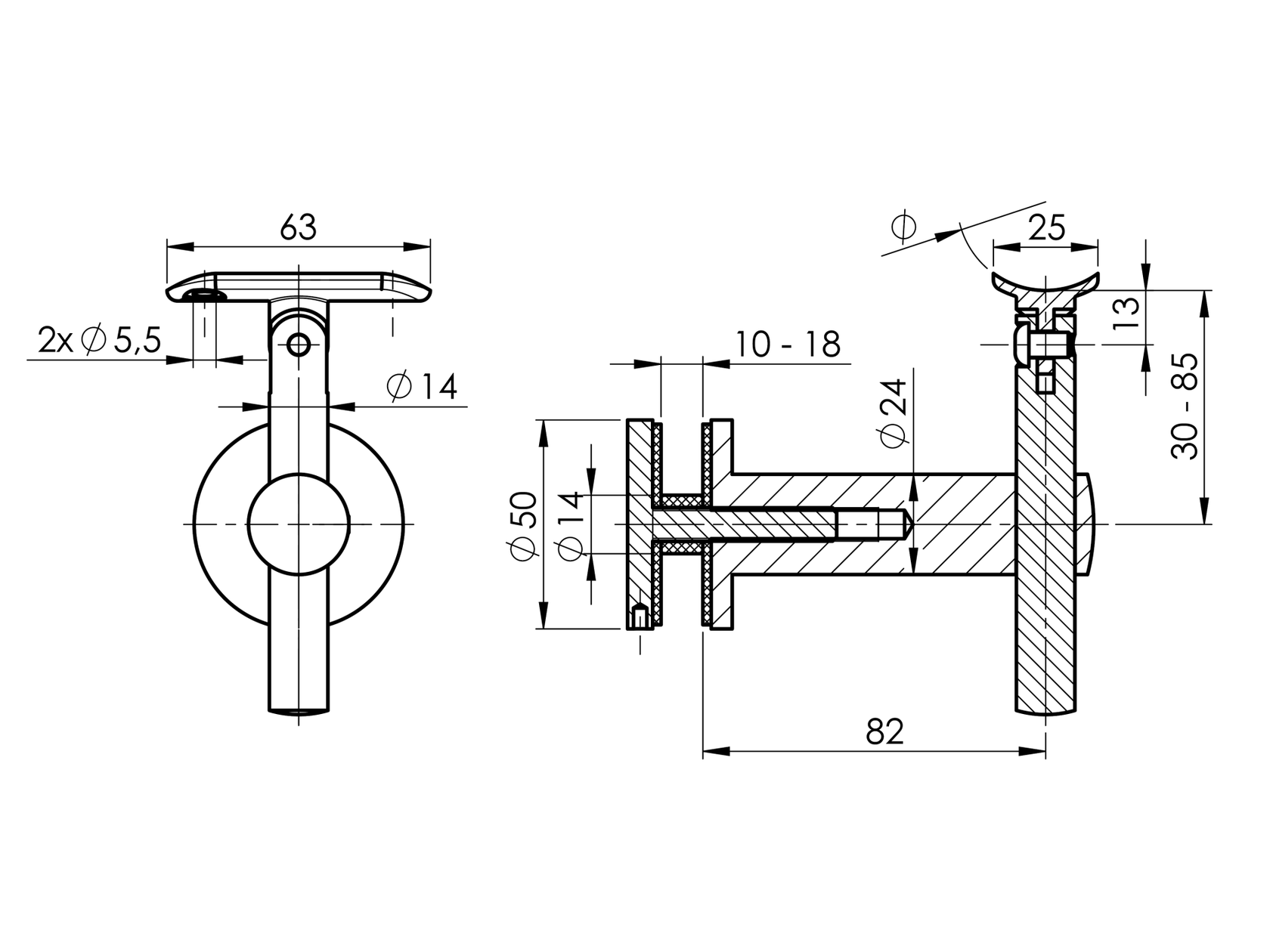 Glass-mounted handrail bracket