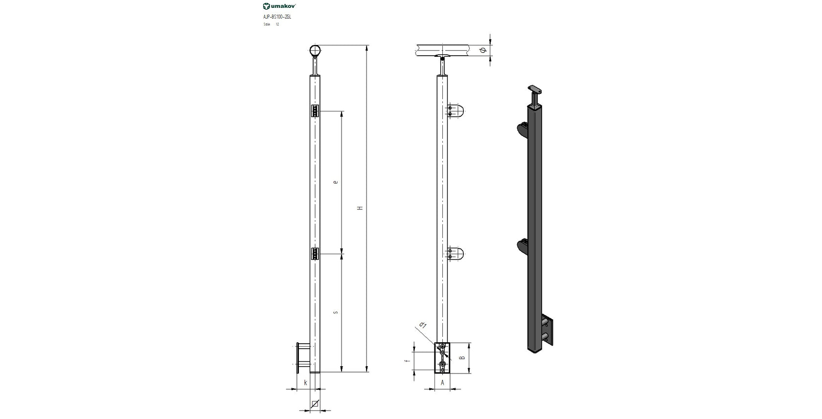 Inox pole JP, BS, stairs, left AISI304, 40x40x2/2x