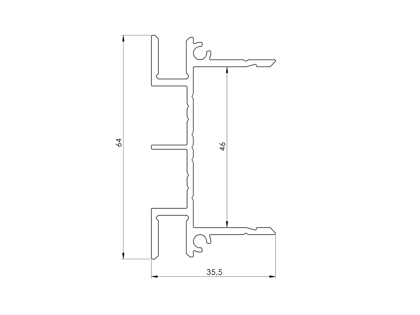 Aluminum adapter 64x38-6000mm for blinds up to 46mm