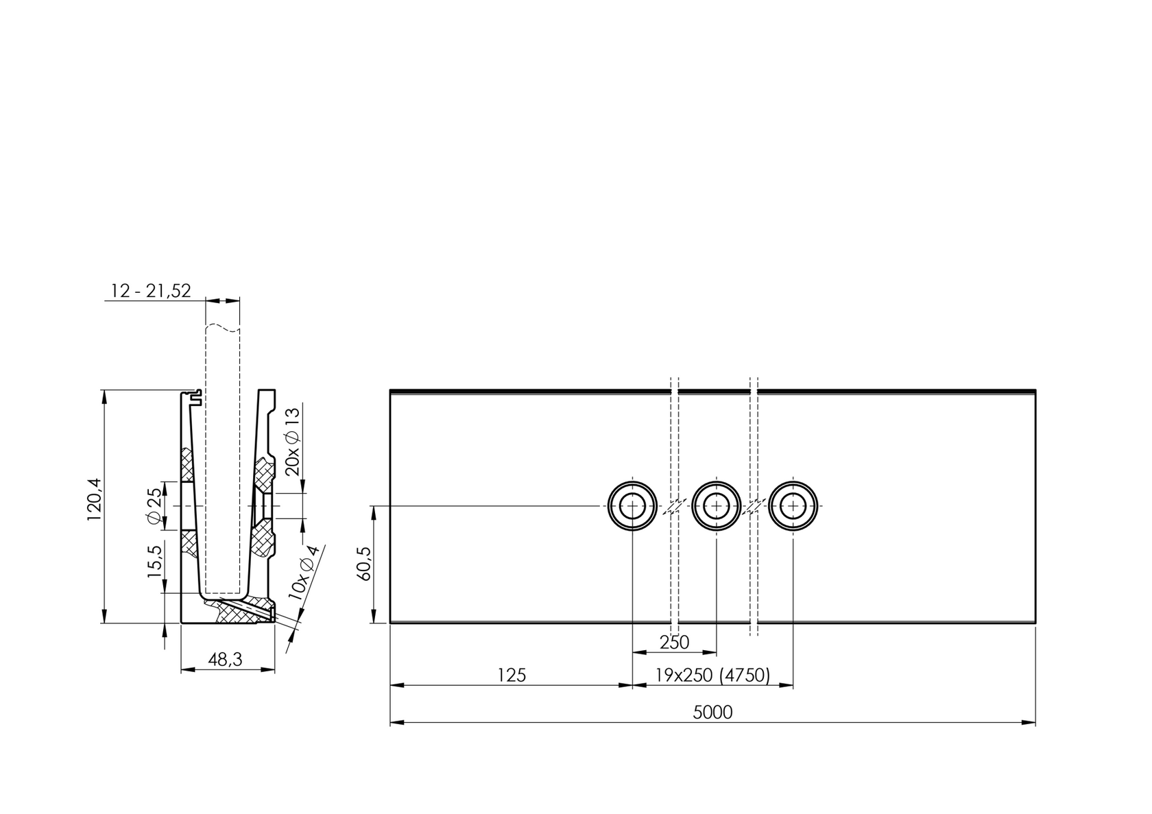 Aluminium profile - side mounting