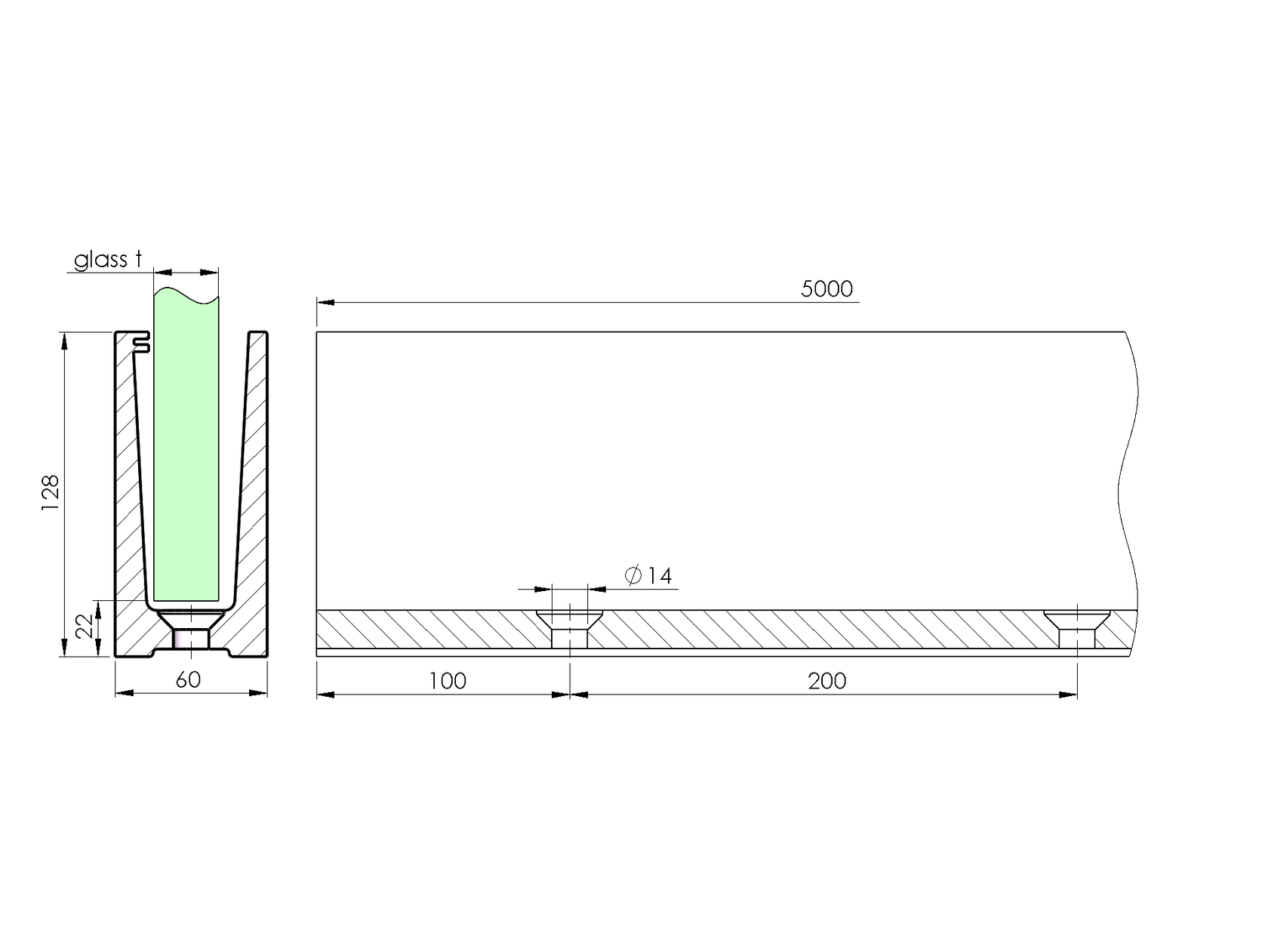 Aluminium profile for glass railing -top anchoring