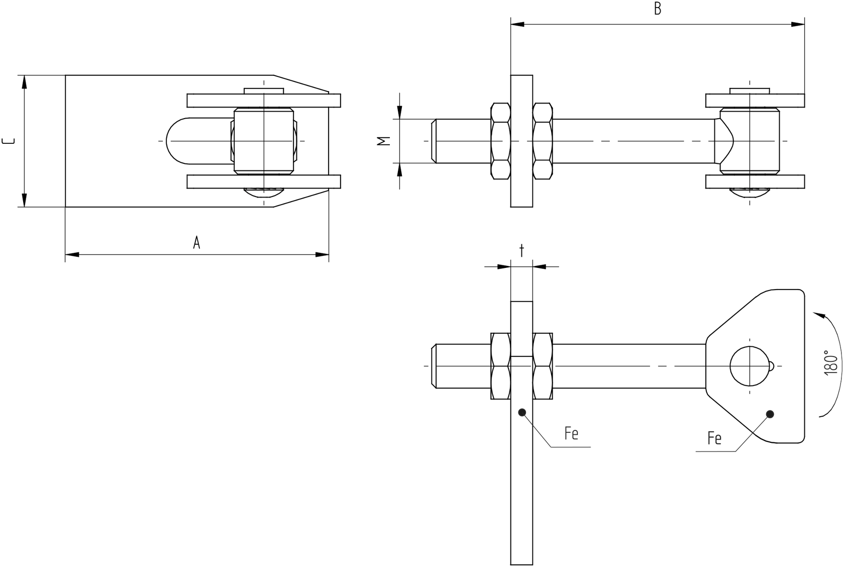 Adjustable hinge Zn, 180°, M16