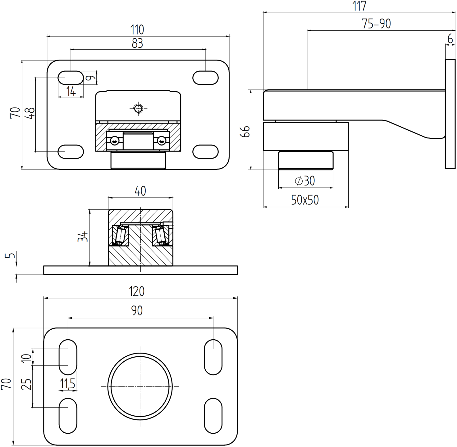 Hinge for heavy gates (top+bottom) with anchoring flange, D40