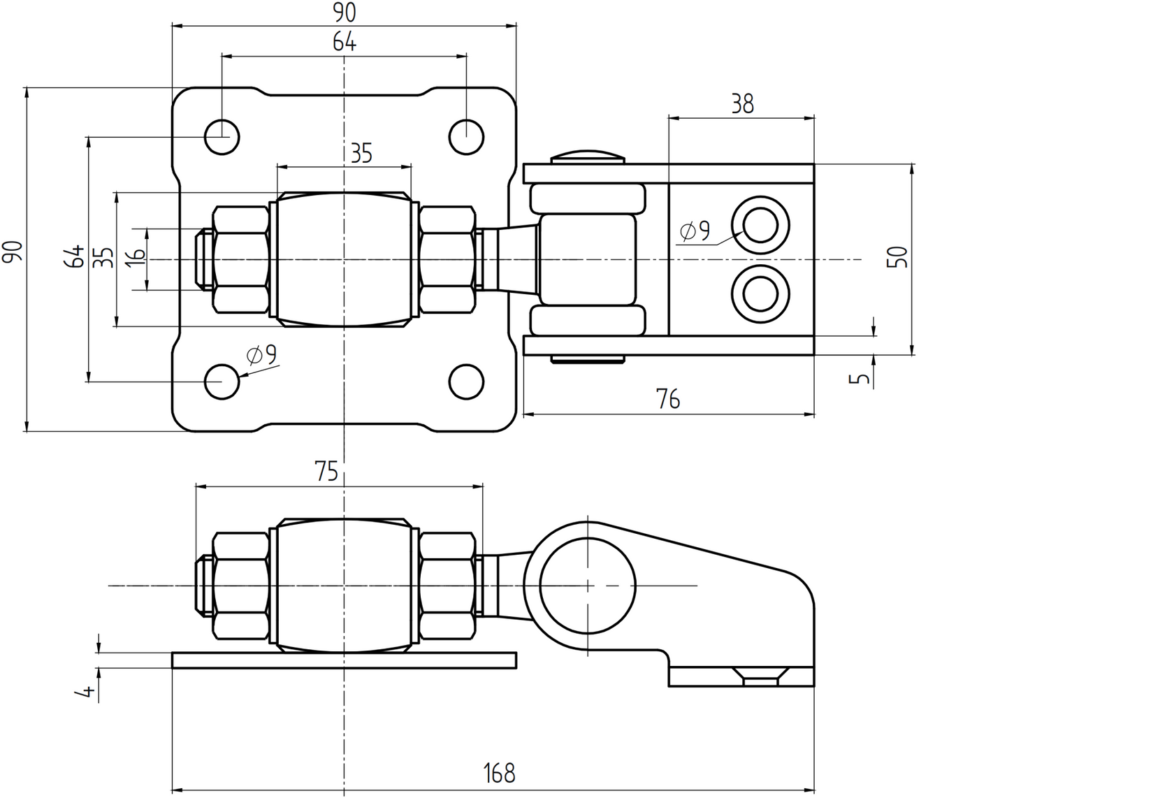 Adjustable hinge with anchoring flange, Zn, 180°, M16